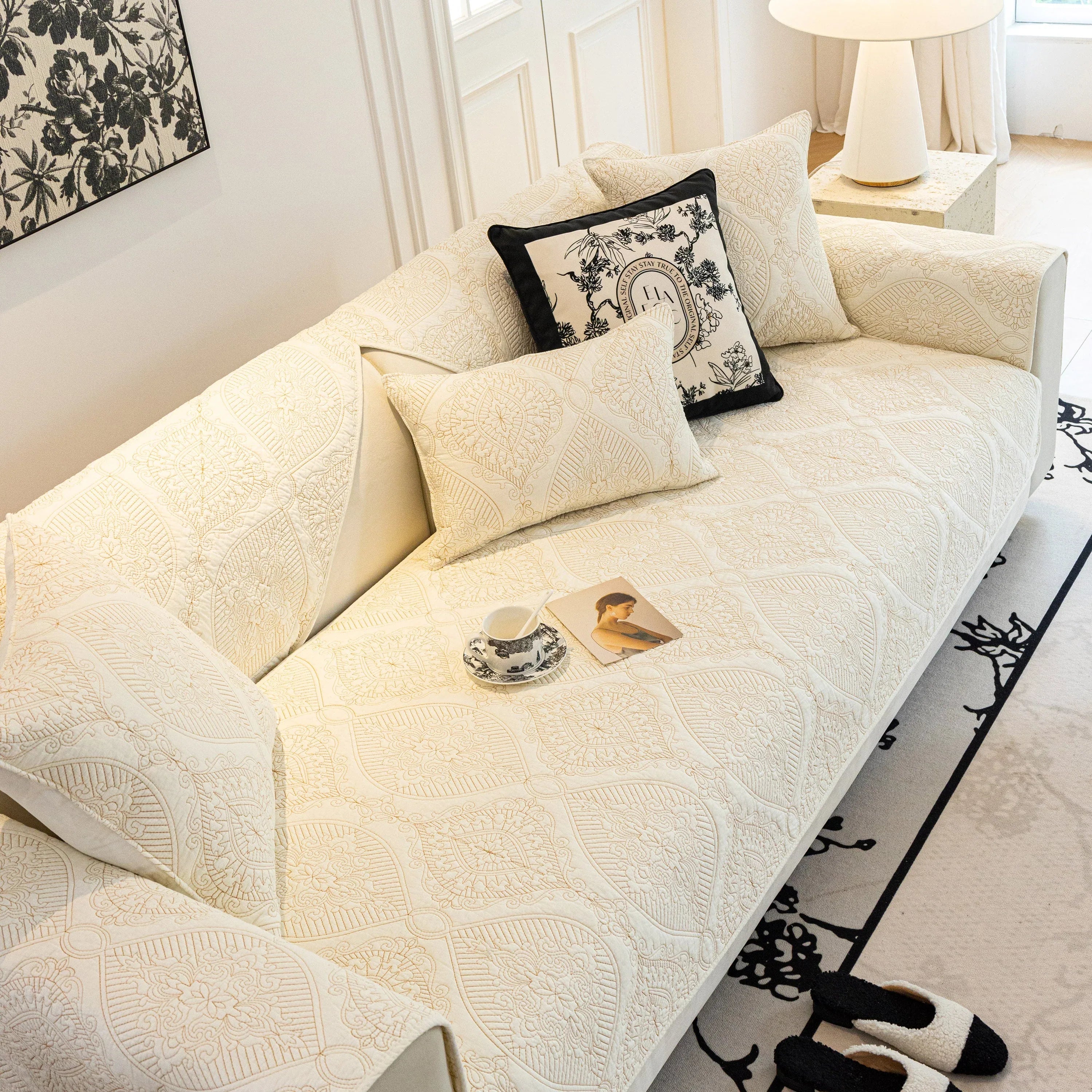 Baroque Sofa Cover – Quilted Cotton, Non-Slip, Washable with Ornate Embroidery - TaroTextile