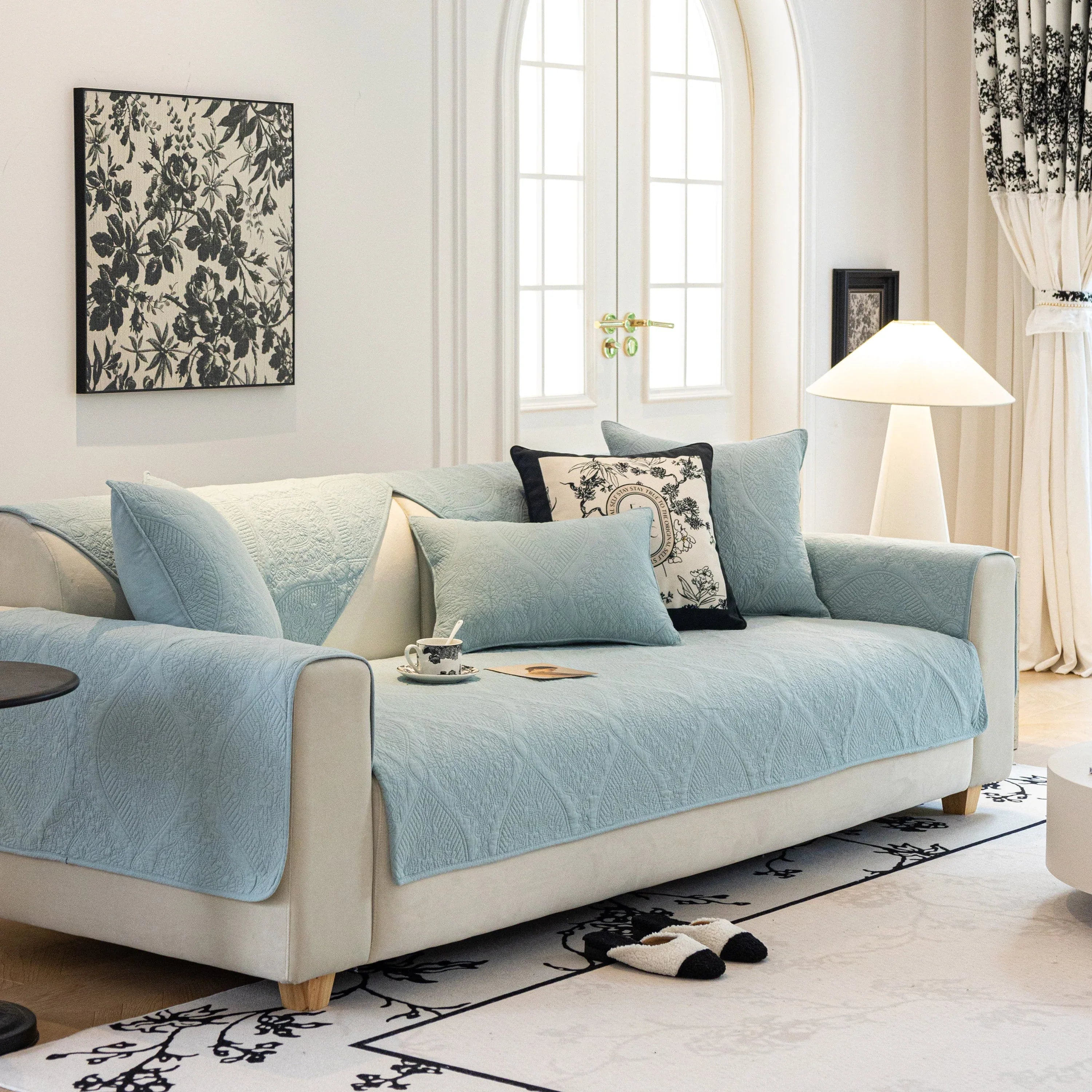 Baroque Sofa Cover – Quilted Cotton, Non-Slip, Washable with Ornate Embroidery - TaroTextile