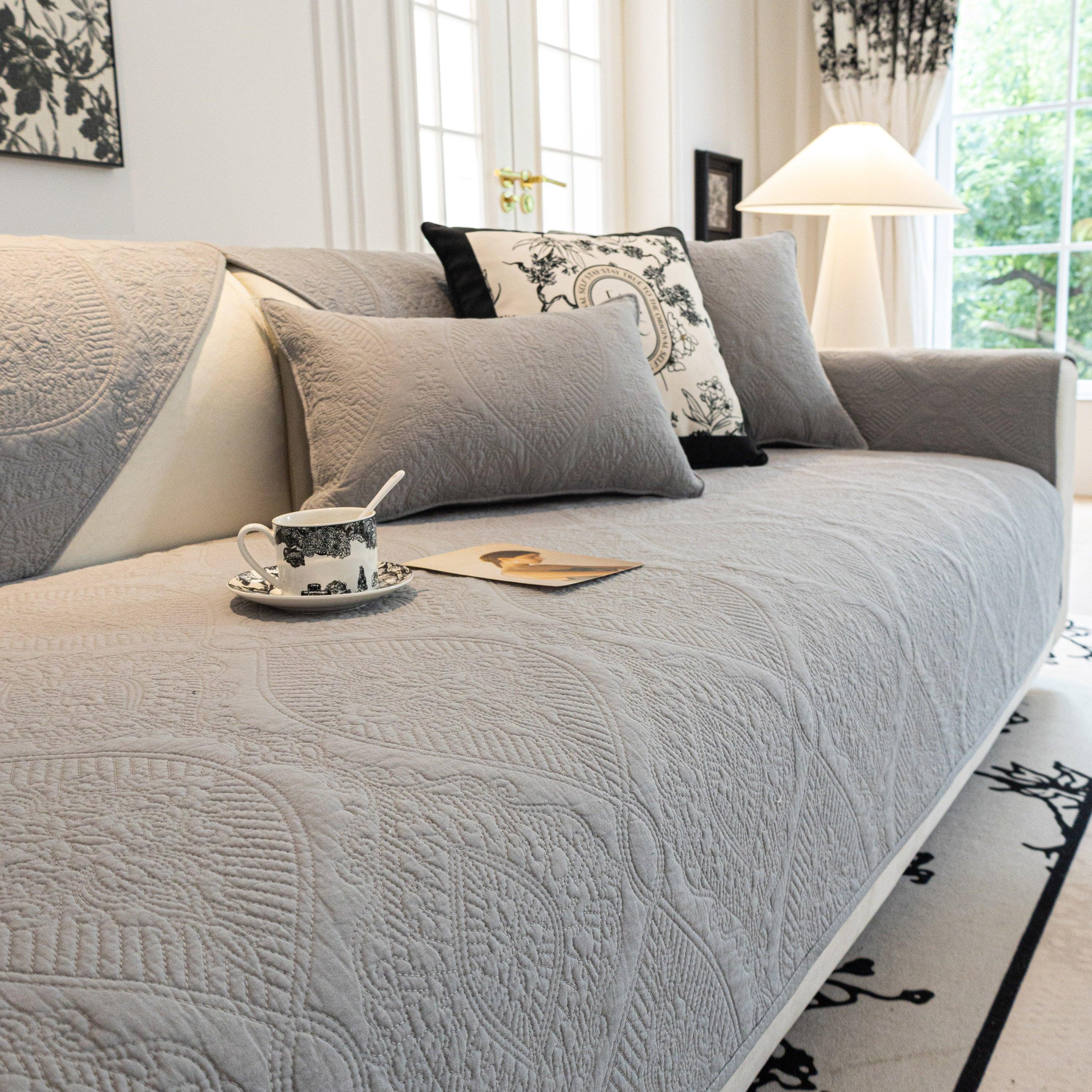 Baroque Sofa Cover – Quilted Cotton, Non-Slip, Washable with Ornate Embroidery - TaroTextile