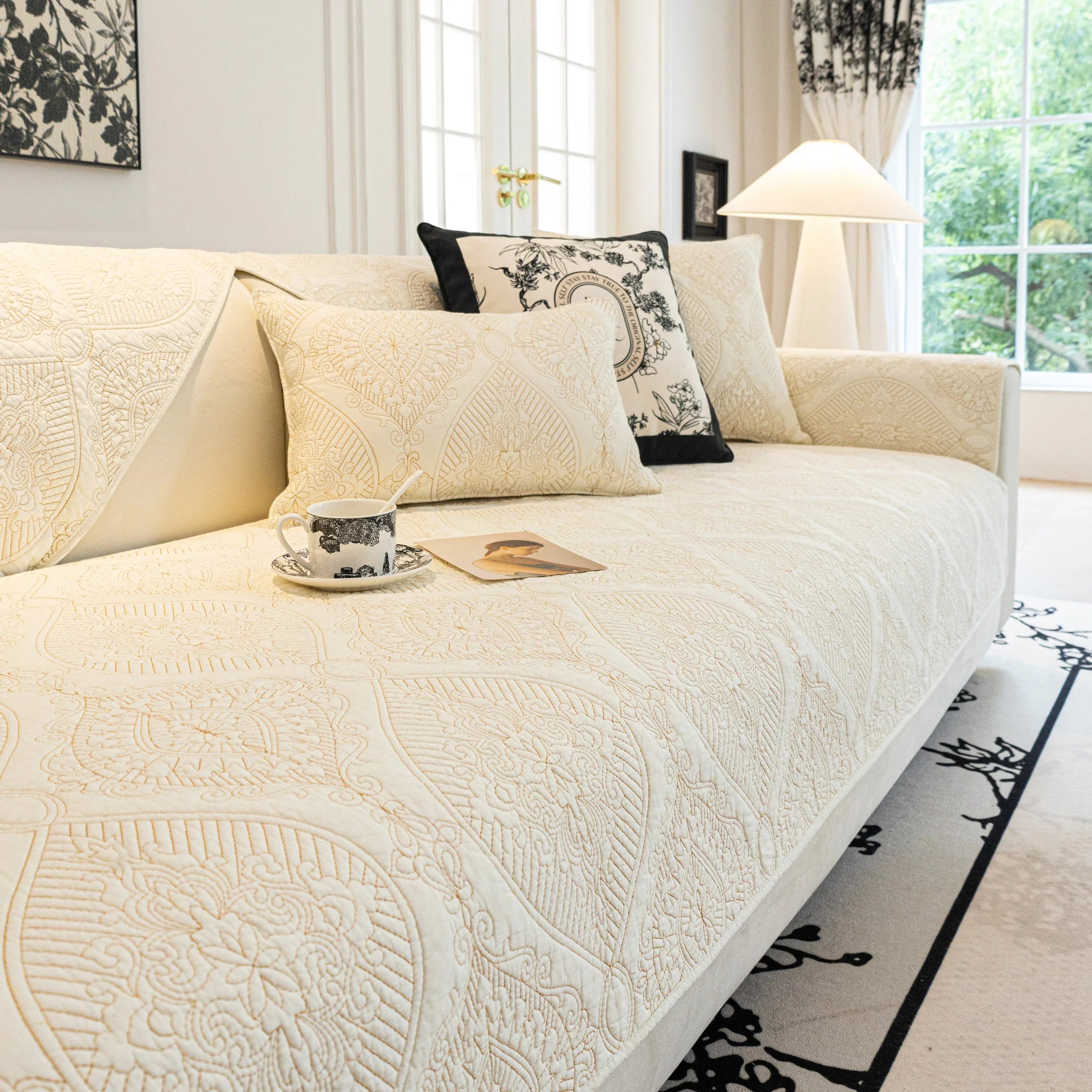 Baroque Sofa Cover – Quilted Cotton, Non-Slip, Washable with Ornate Embroidery - TaroTextile