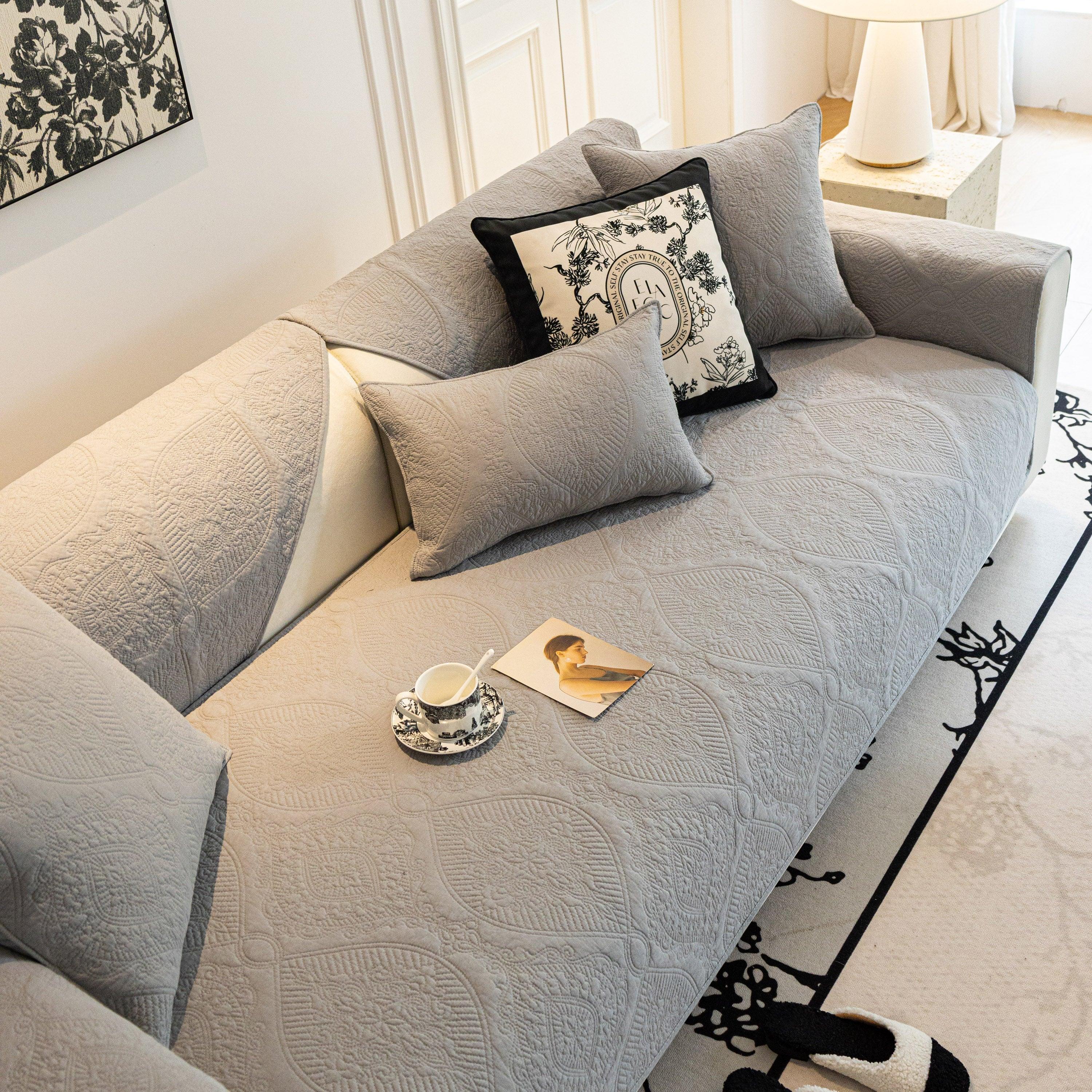 Baroque Sofa Cover – Quilted Cotton, Non-Slip, Washable with Ornate Embroidery - TaroTextile