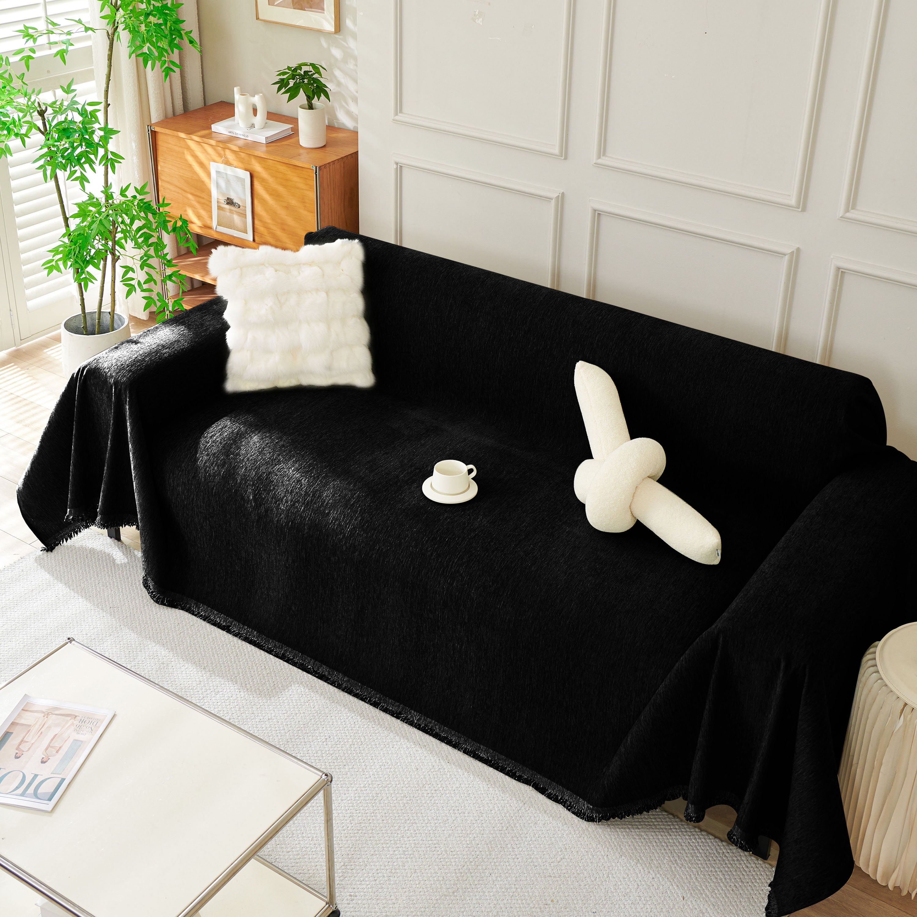 Solid Color Chenille Sofa Throw Blanket, Soft & Plush Decorative Couch Throw Cover