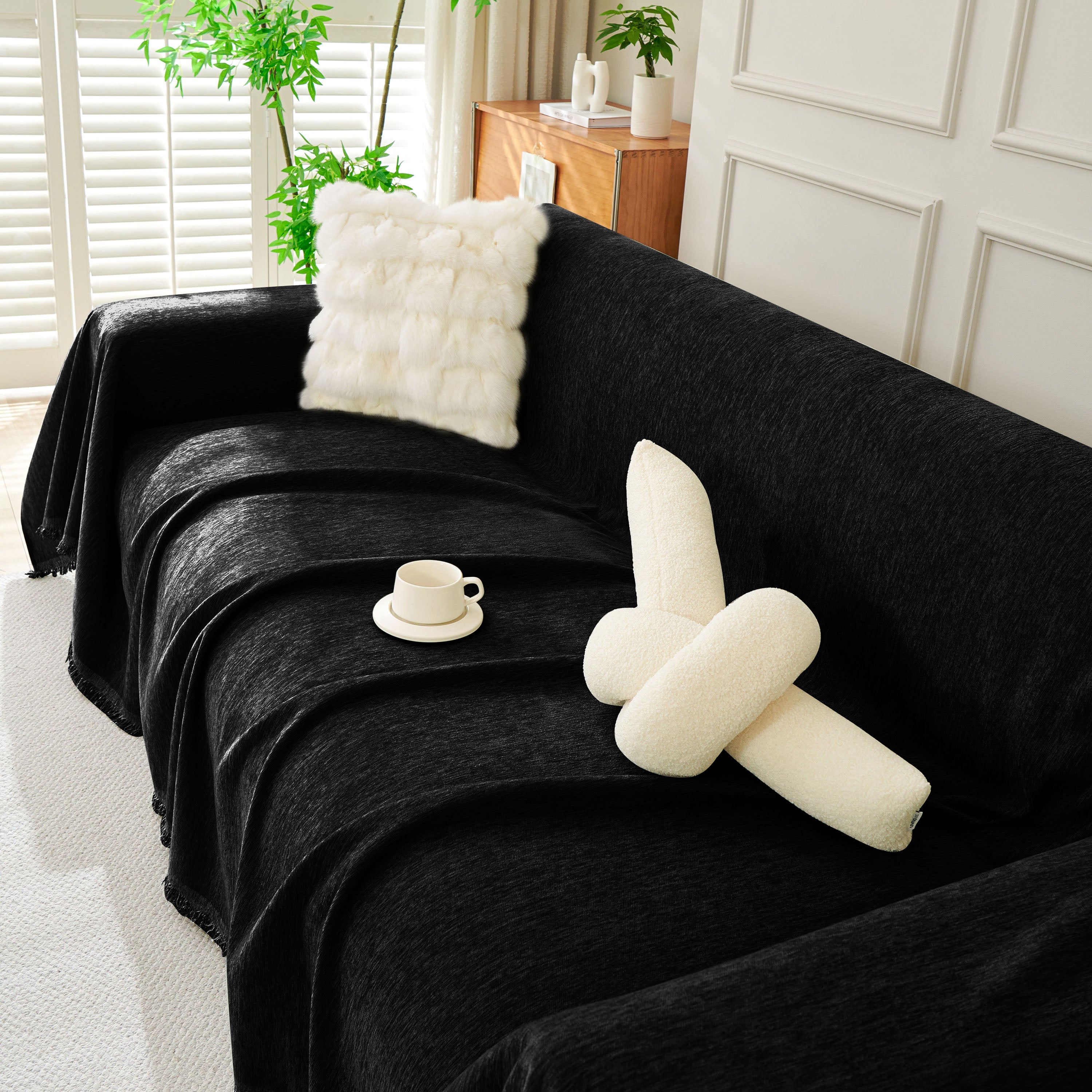 Solid Color Chenille Sofa Throw Blanket, Soft & Plush Decorative Couch Throw Cover
