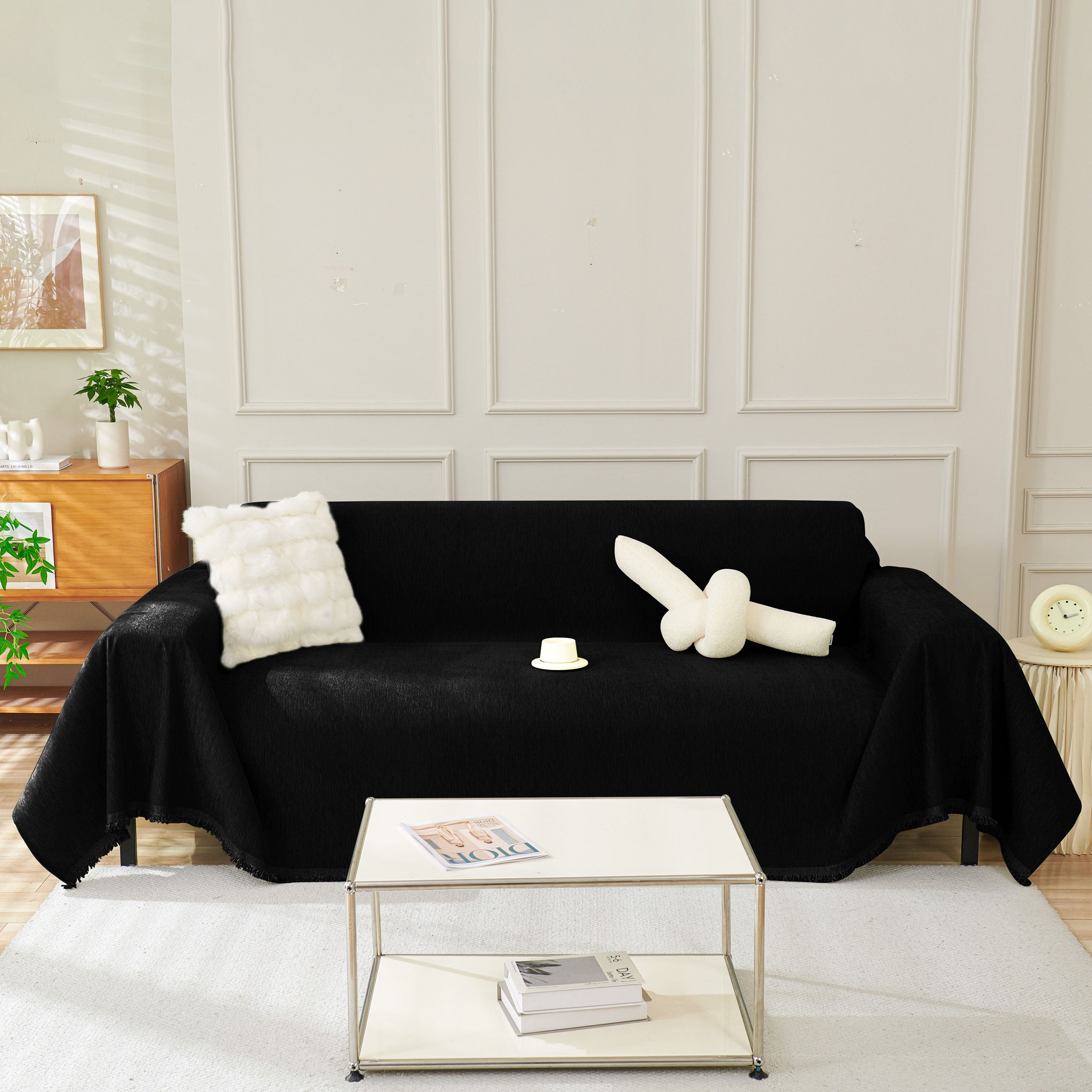 Solid Color Chenille Sofa Throw Blanket, Soft & Plush Decorative Couch Throw Cover