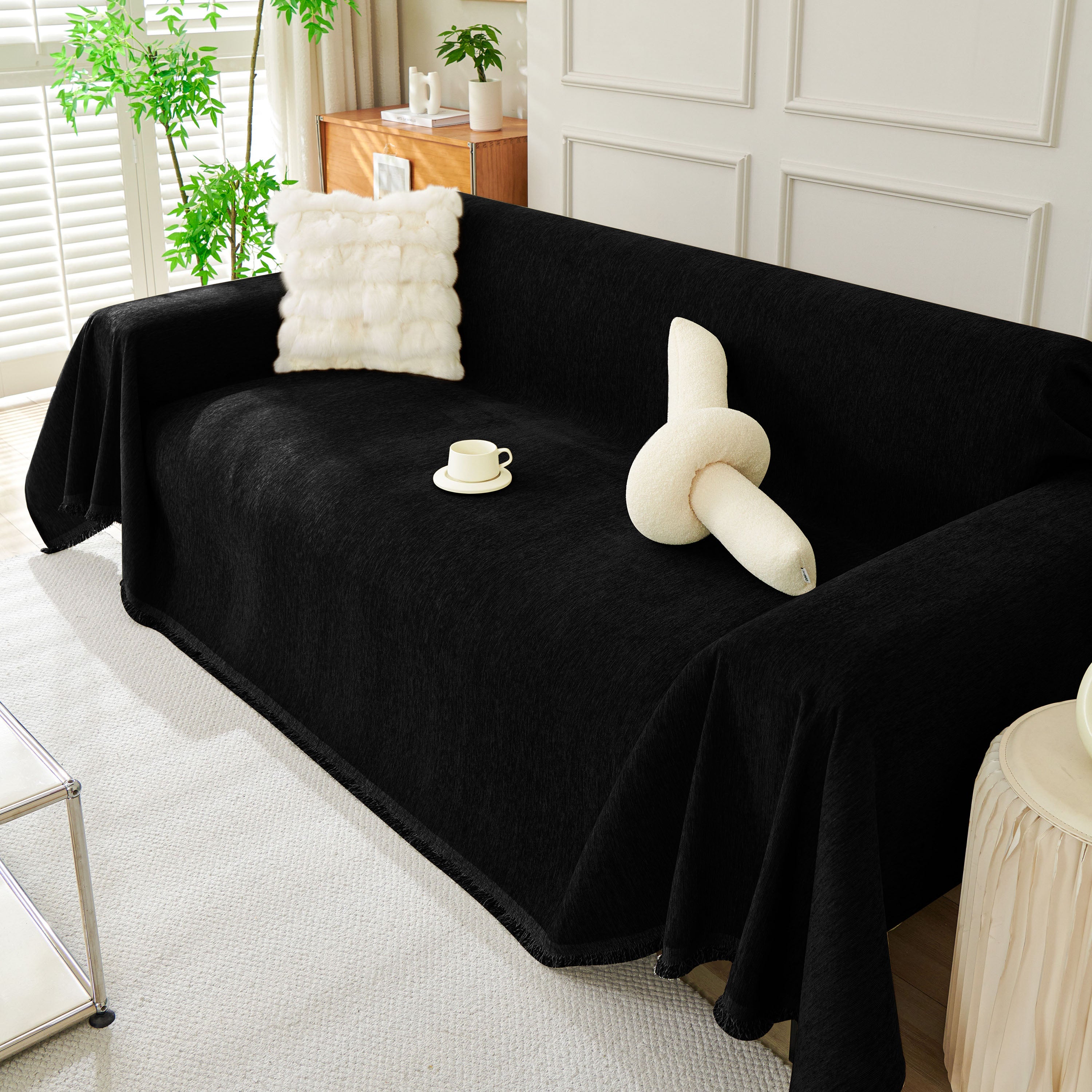Solid Color Chenille Sofa Throw Blanket, Soft & Plush Decorative Couch Throw Cover