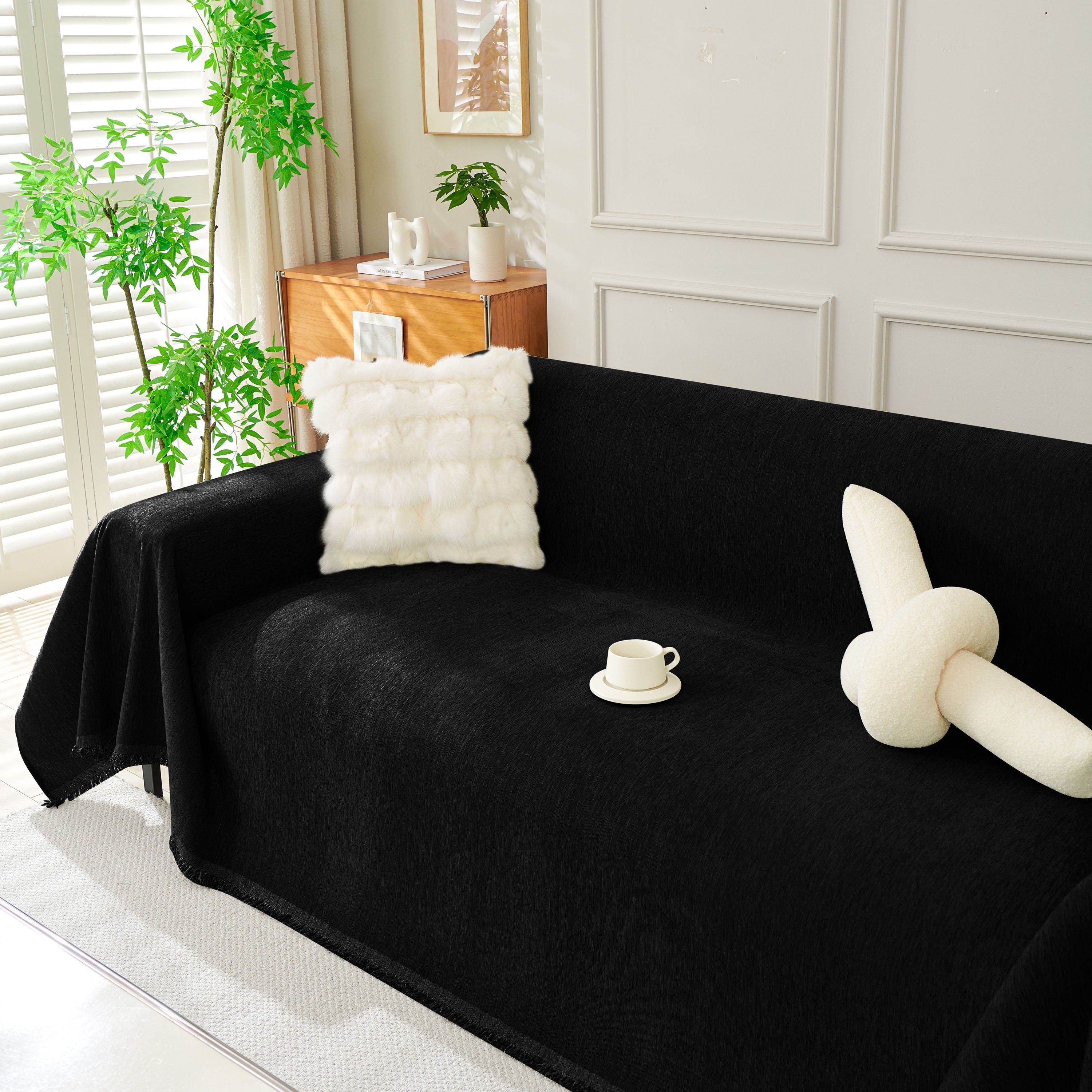 Solid Color Chenille Sofa Throw Blanket, Soft & Plush Decorative Couch Throw Cover