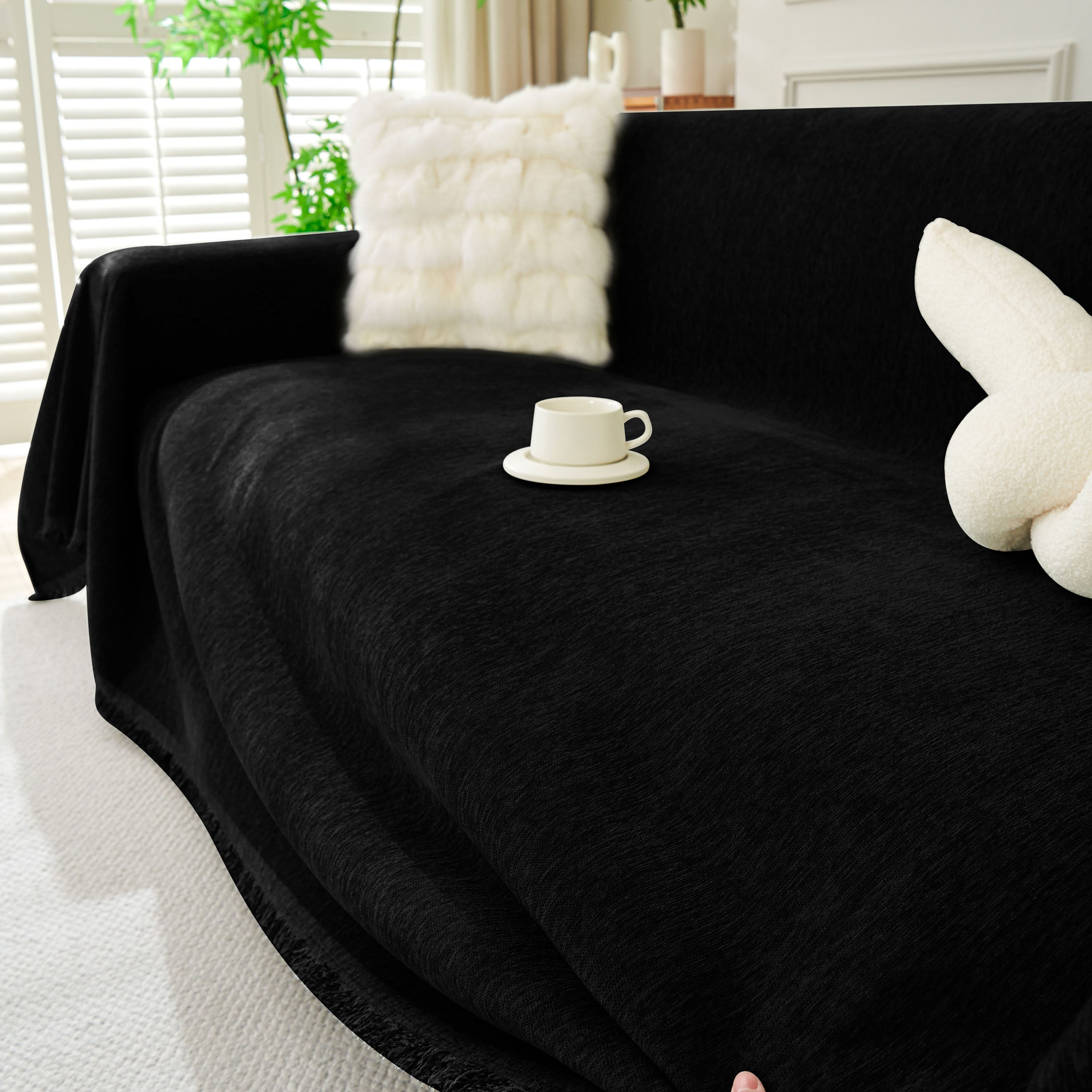 Solid Color Chenille Sofa Throw Blanket, Soft & Plush Decorative Couch Throw Cover