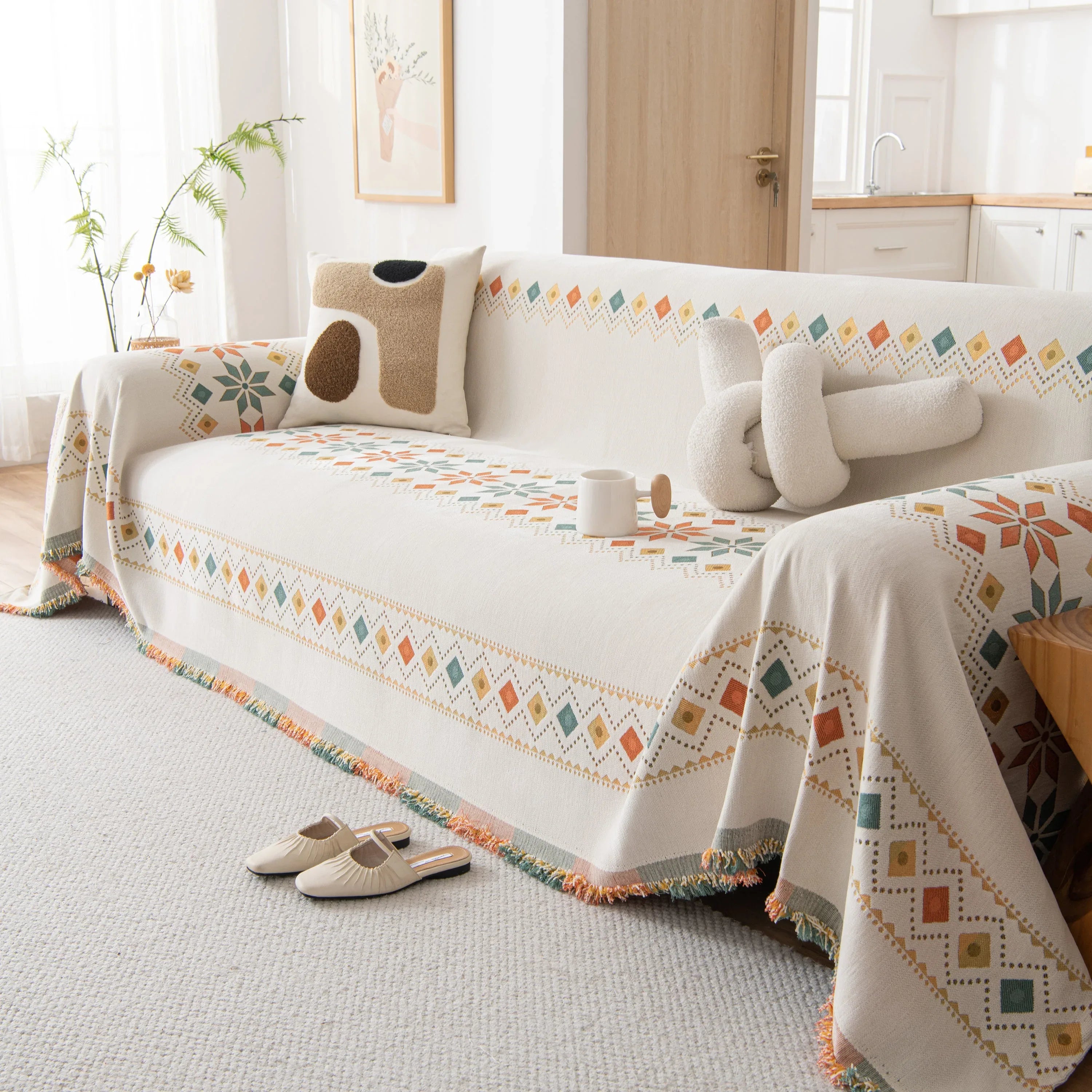 Bohemian Geometric Sofa Throw Cover, Cozy & Protective Ethnic-Inspired Couch Cover - TaroTextile