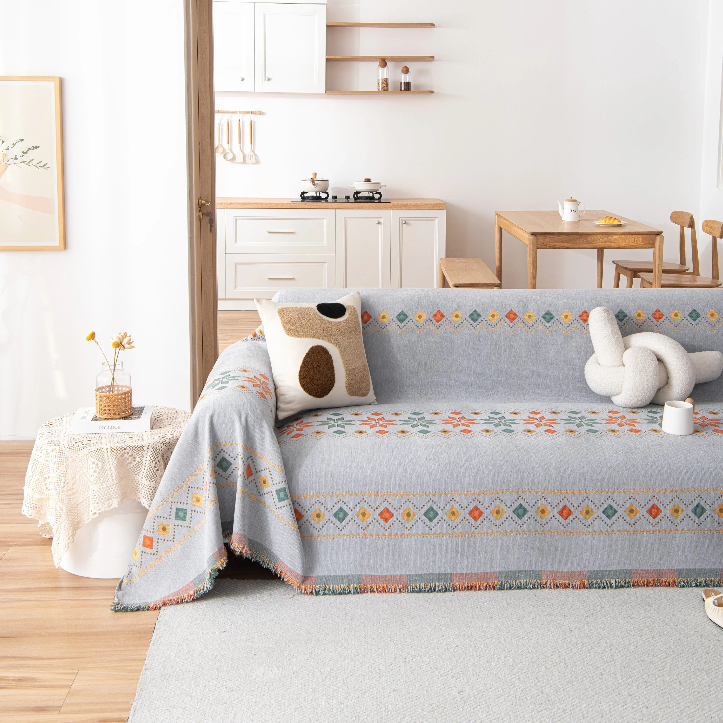 Bohemian Geometric Sofa Throw Cover, Cozy & Protective Ethnic-Inspired Couch Cover - TaroTextile
