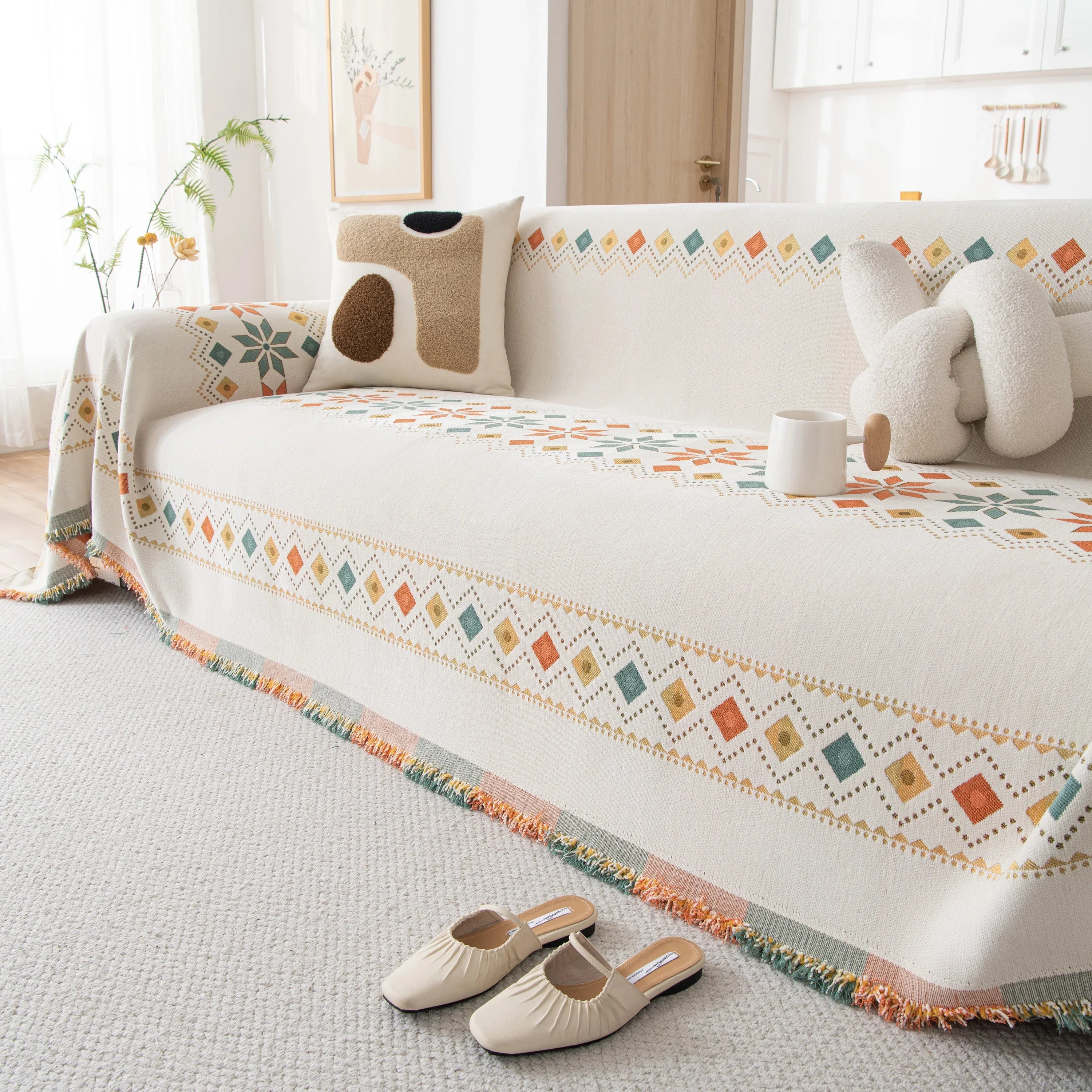 Bohemian Geometric Sofa Throw Cover, Cozy & Protective Ethnic-Inspired Couch Cover - TaroTextile