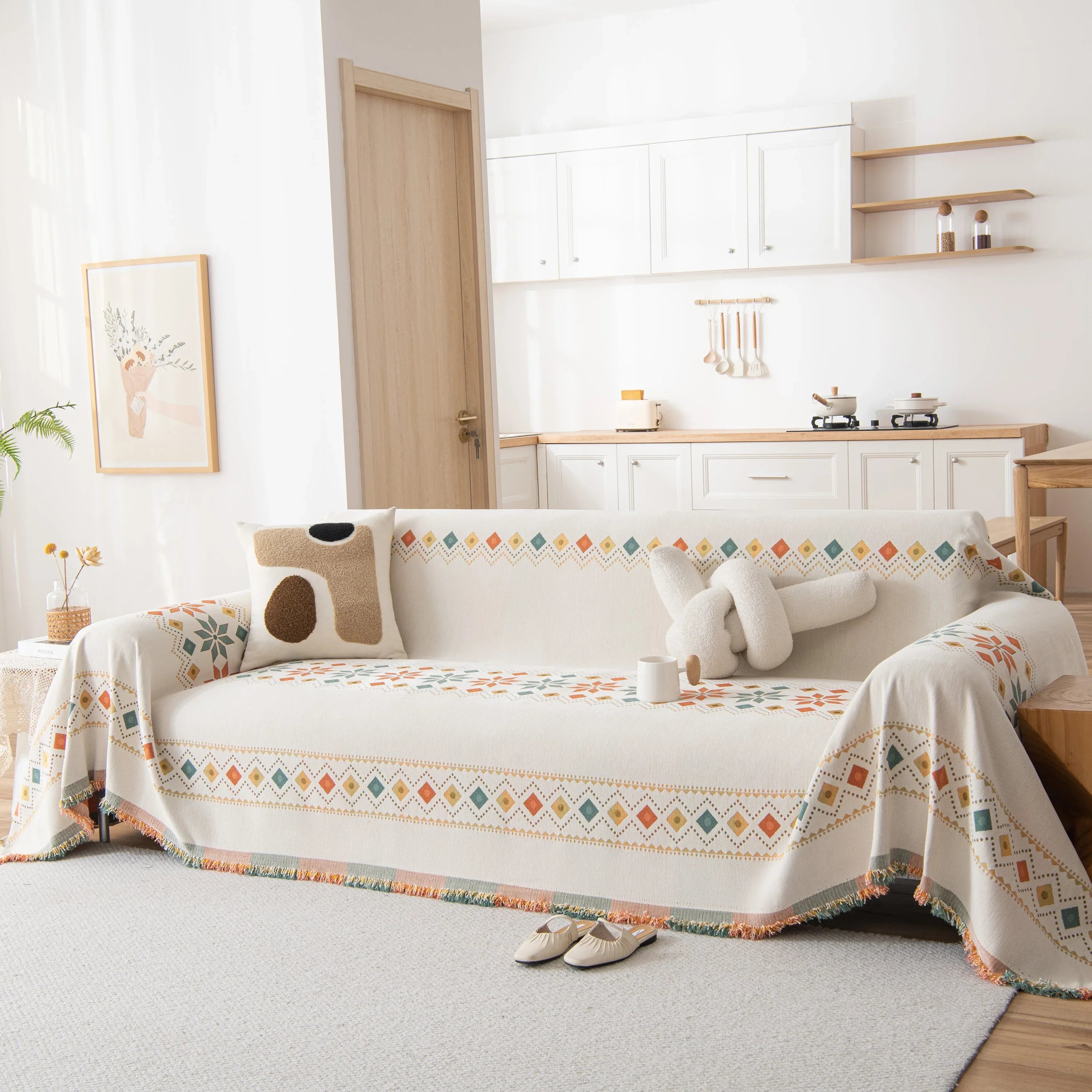 Bohemian Geometric Sofa Throw Cover, Cozy & Protective Ethnic-Inspired Couch Cover - TaroTextile
