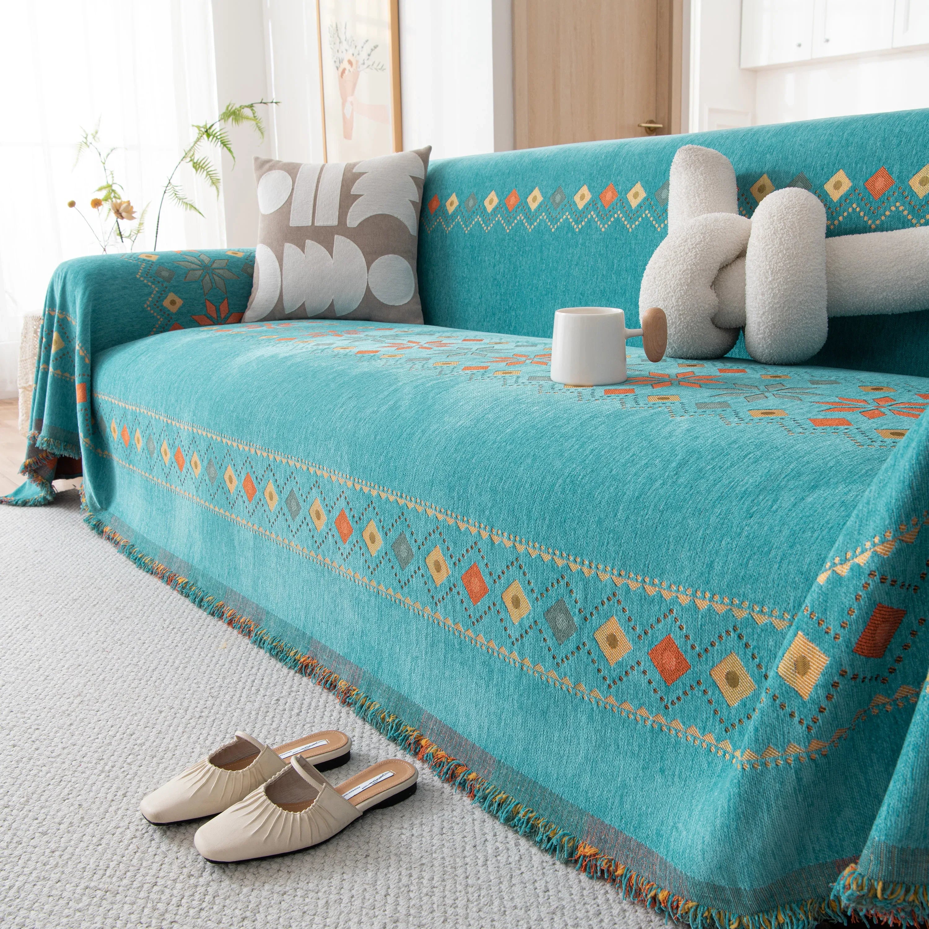 Bohemian Geometric Sofa Throw Cover, Cozy & Protective Ethnic-Inspired Couch Cover - TaroTextile