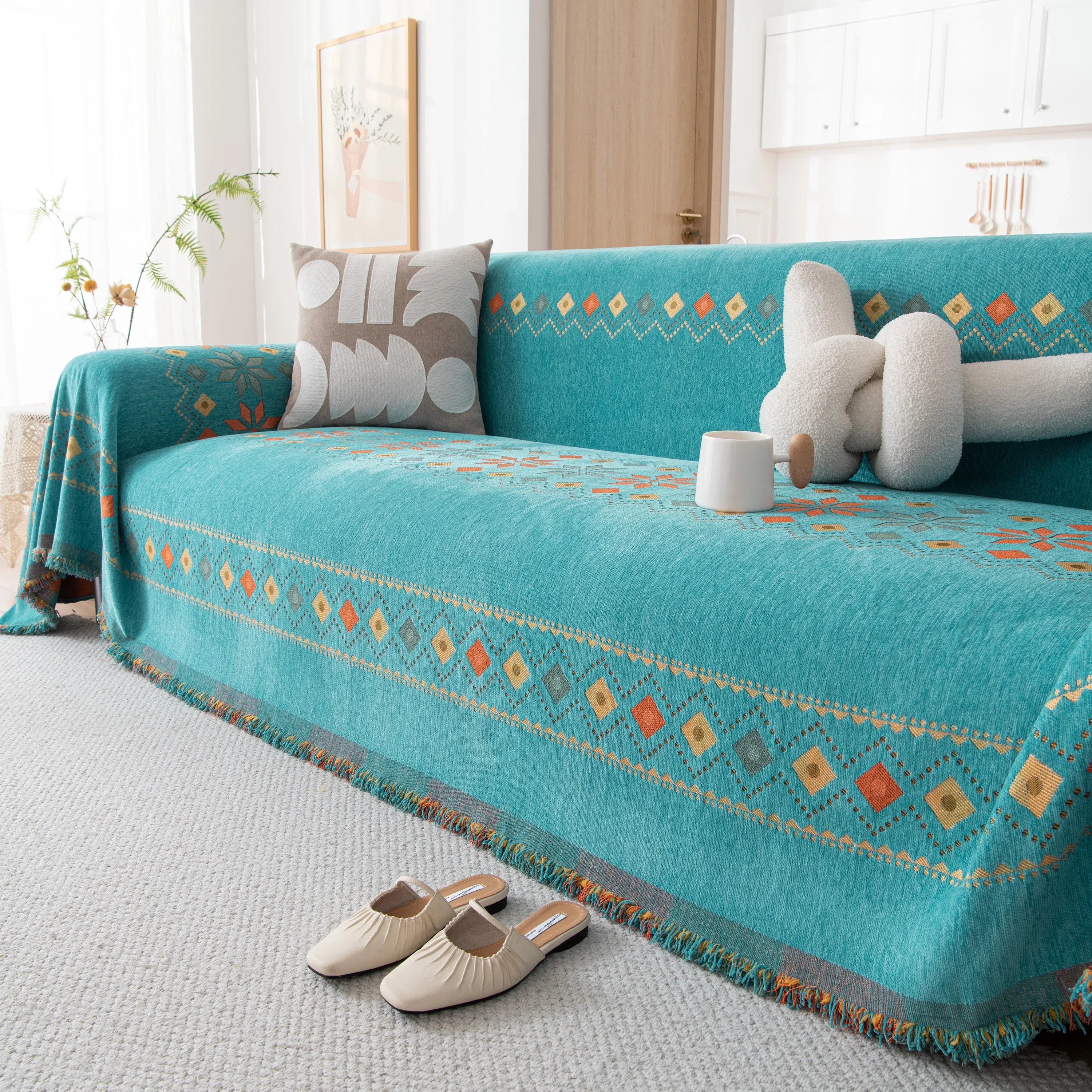 Bohemian Geometric Sofa Throw Cover, Cozy & Protective Ethnic-Inspired Couch Cover - TaroTextile