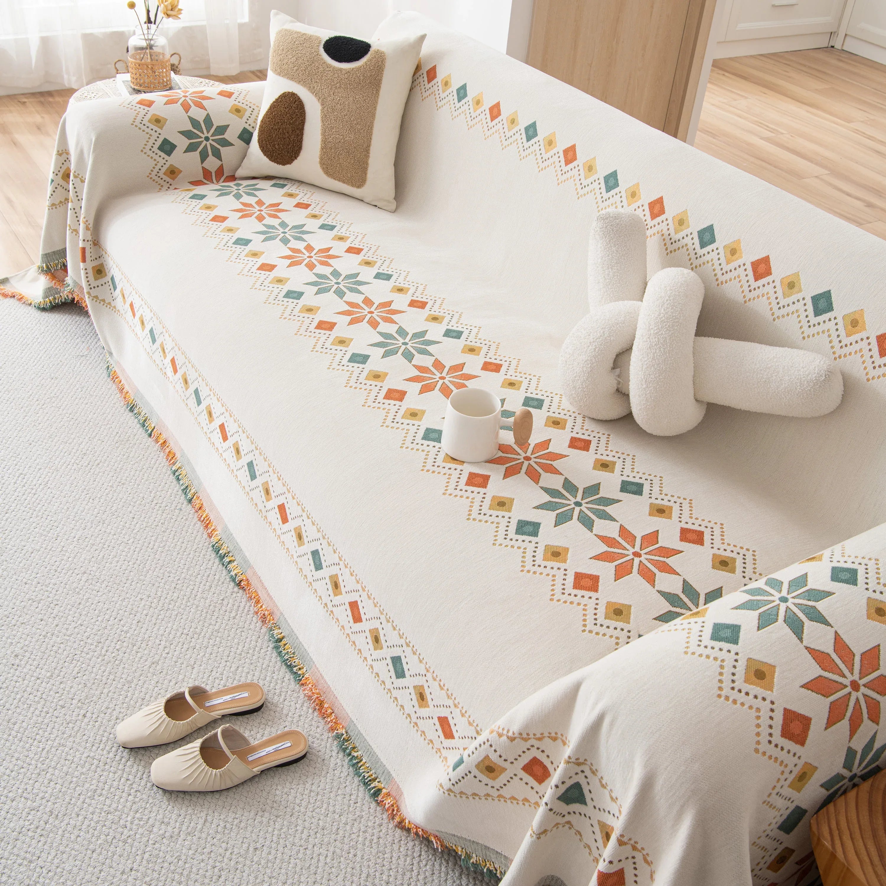 Bohemian Geometric Sofa Throw Cover, Cozy & Protective Ethnic-Inspired Couch Cover - TaroTextile