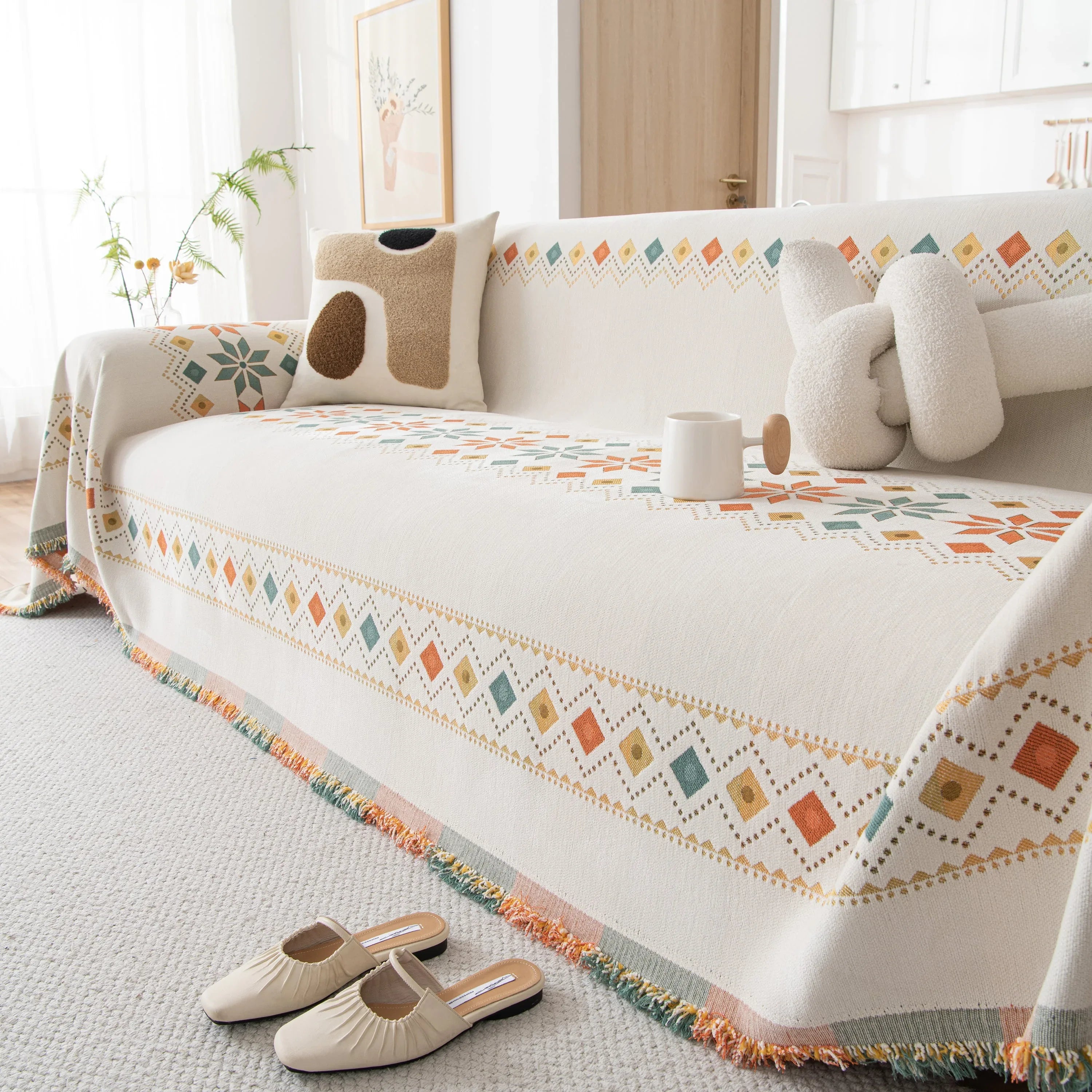 Bohemian Geometric Sofa Throw Cover, Cozy & Protective Ethnic-Inspired Couch Cover - TaroTextile