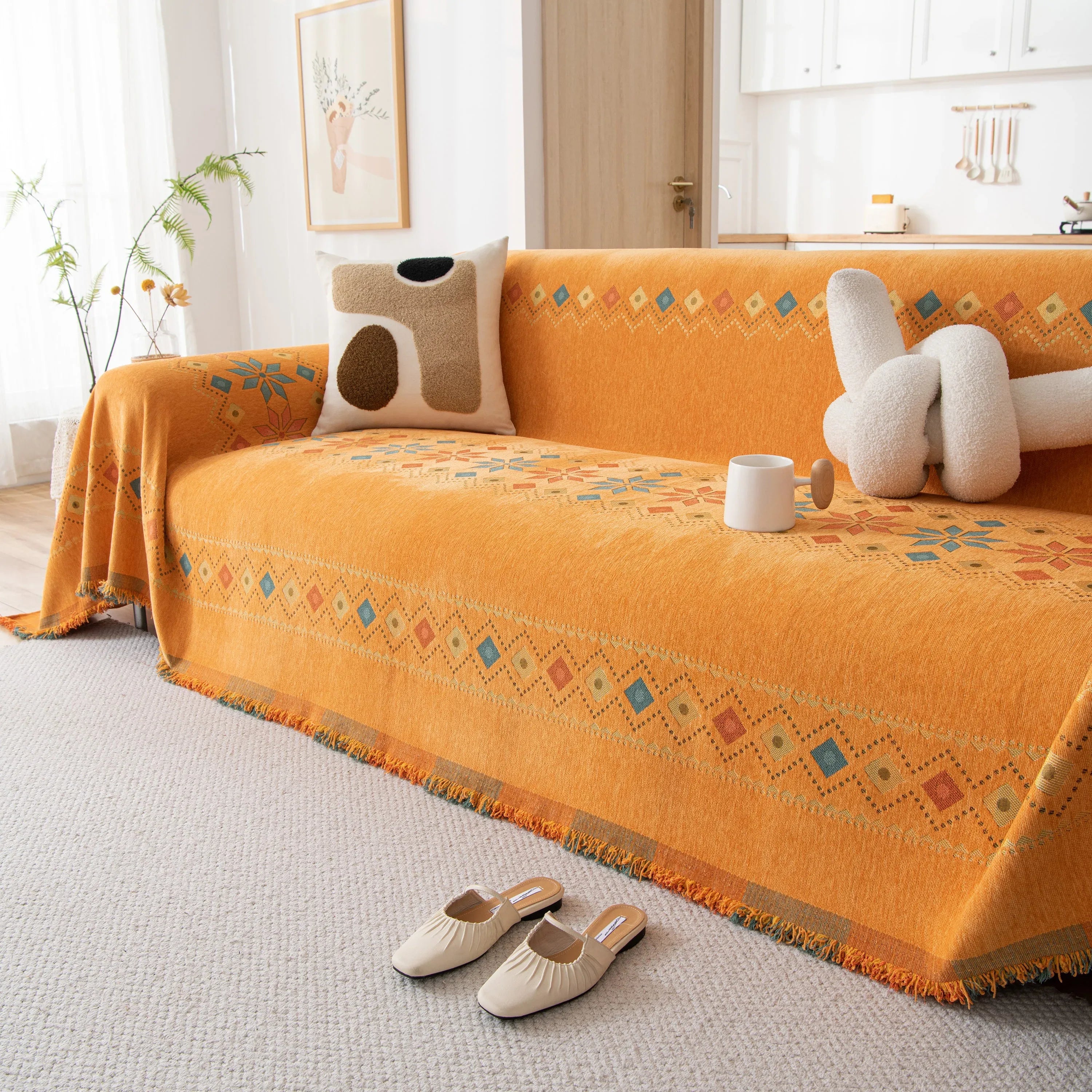 Bohemian Geometric Sofa Throw Cover, Cozy & Protective Ethnic-Inspired Couch Cover - TaroTextile