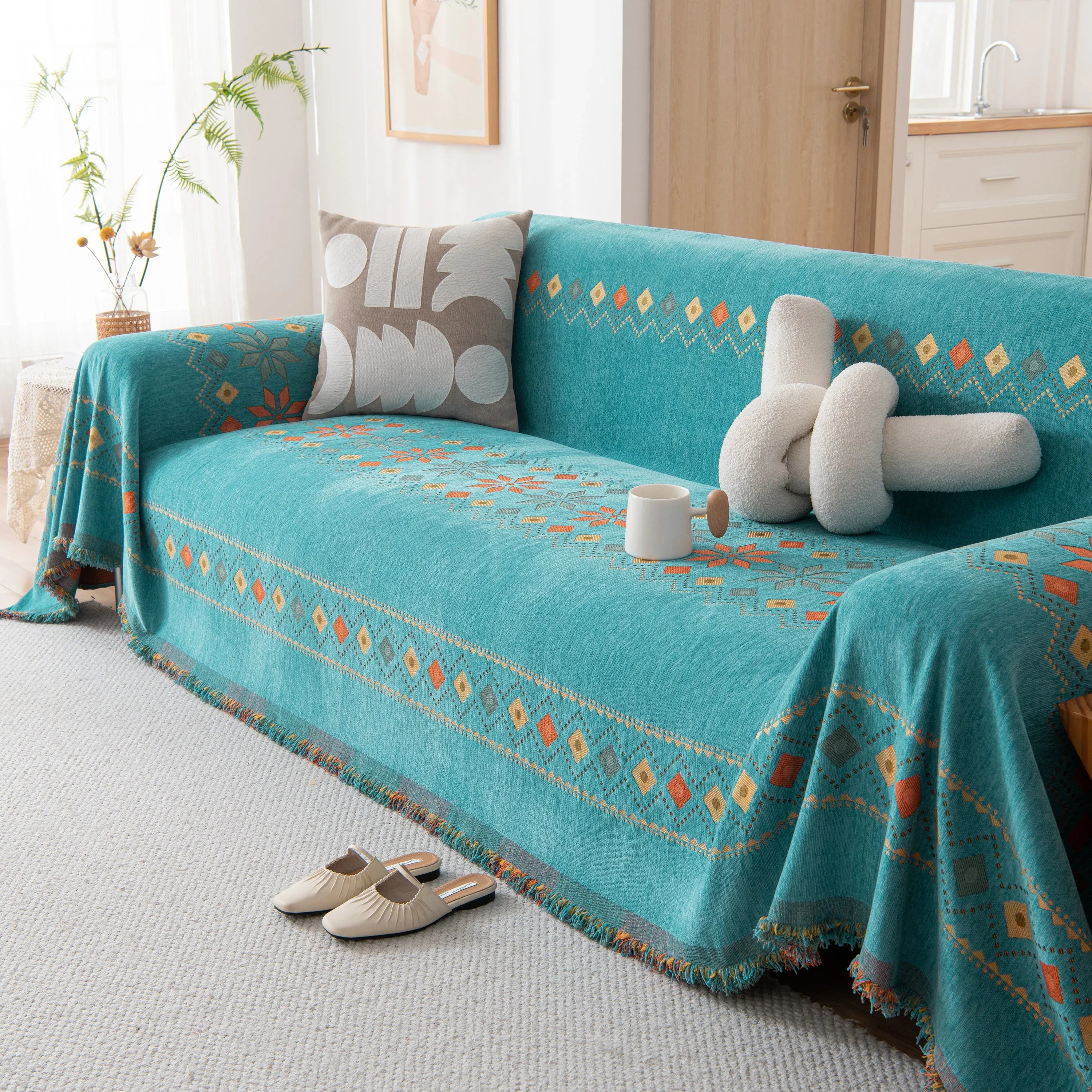 Bohemian Geometric Sofa Throw Cover, Cozy & Protective Ethnic-Inspired Couch Cover - TaroTextile
