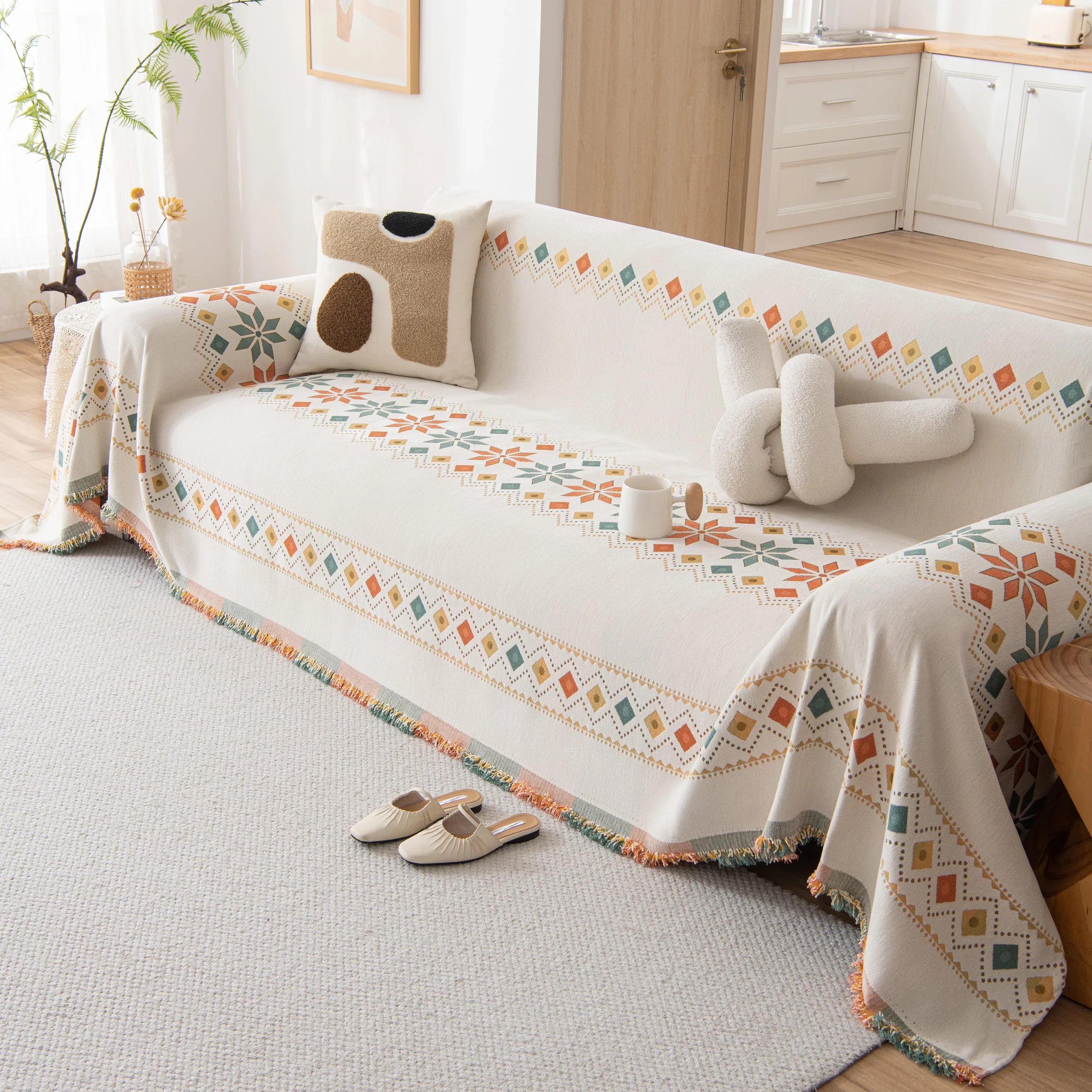 Bohemian Geometric Sofa Throw Cover, Cozy & Protective Ethnic-Inspired Couch Cover - TaroTextile