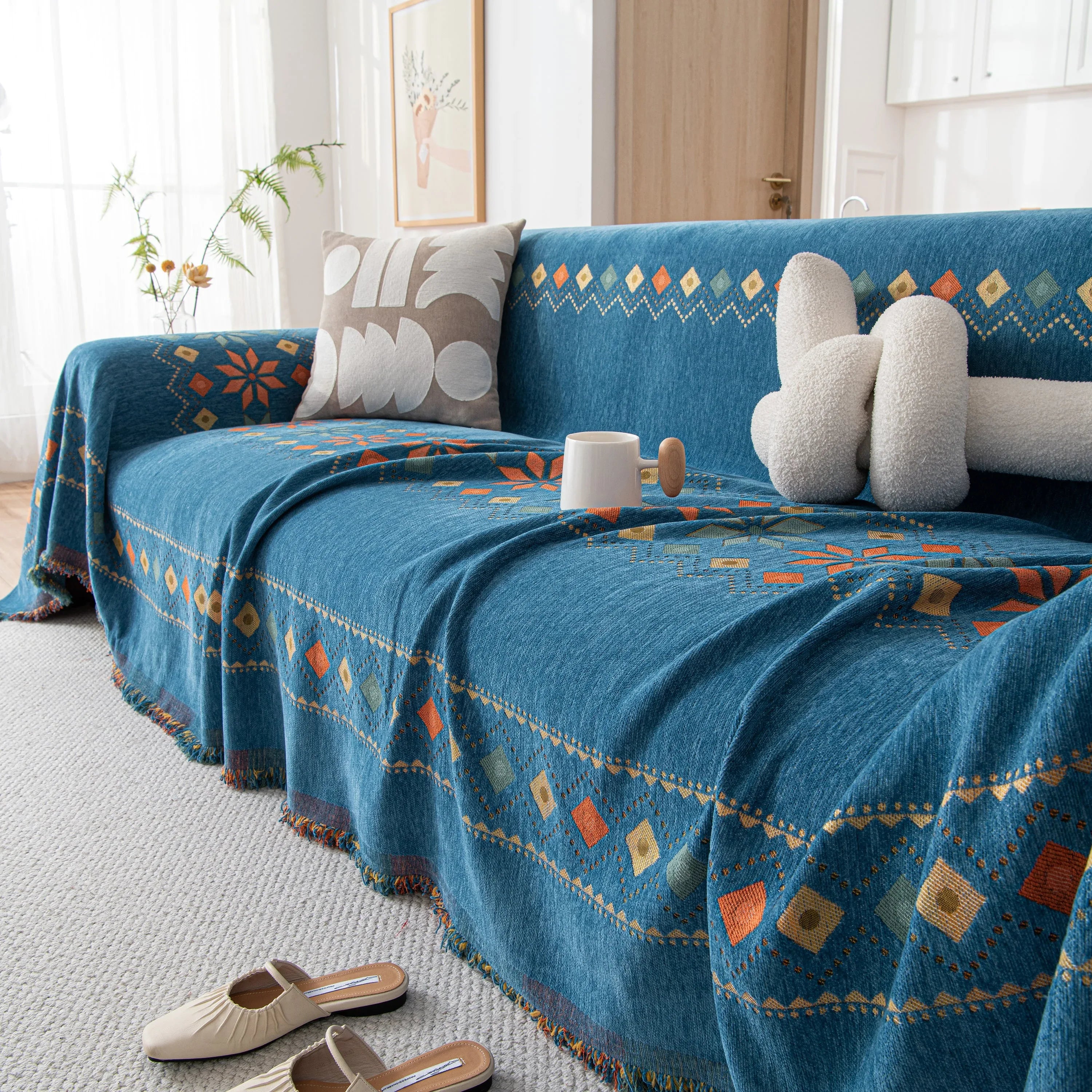 Bohemian Geometric Sofa Throw Cover, Cozy & Protective Ethnic-Inspired Couch Cover - TaroTextile