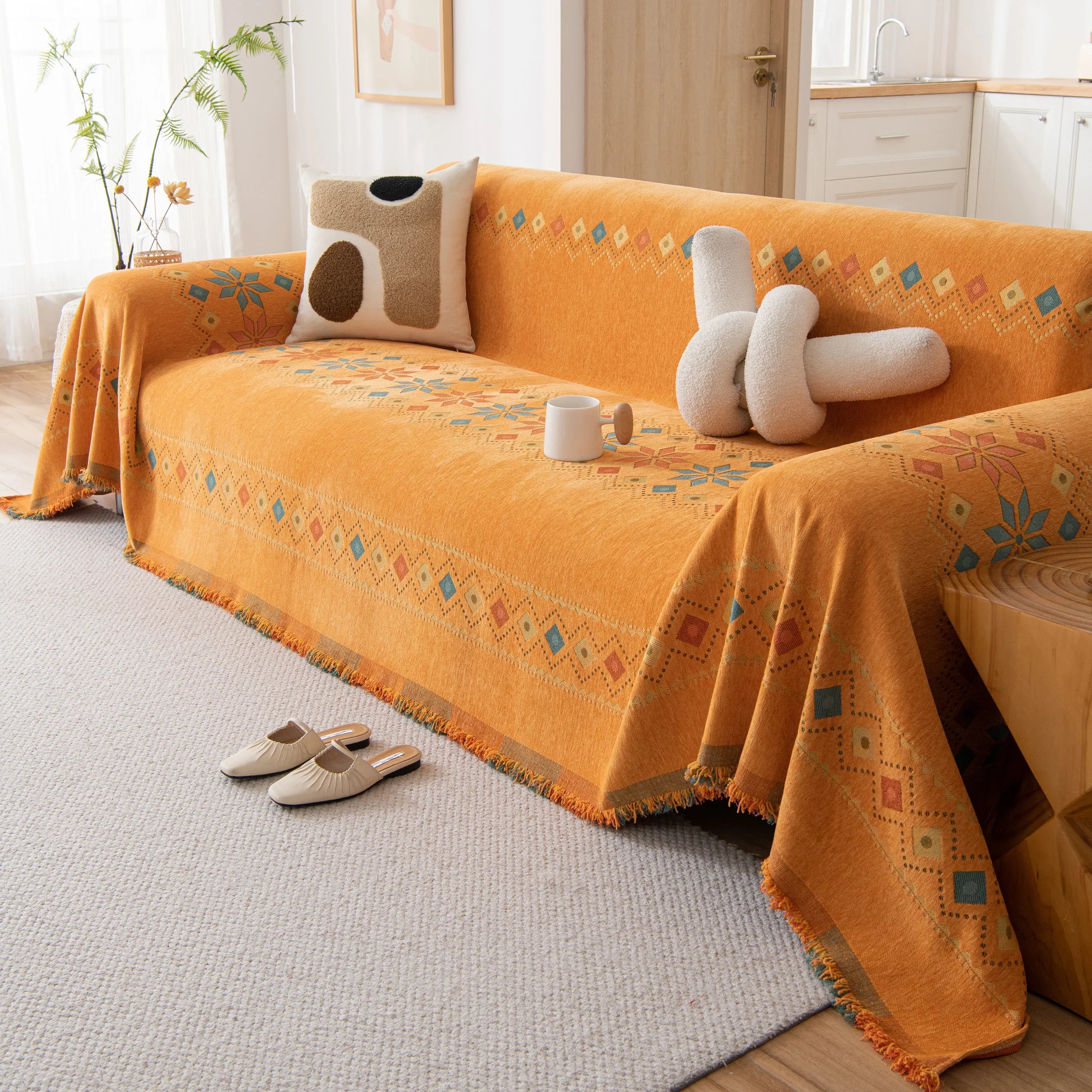 Bohemian Geometric Sofa Throw Cover, Cozy & Protective Ethnic-Inspired Couch Cover - TaroTextile