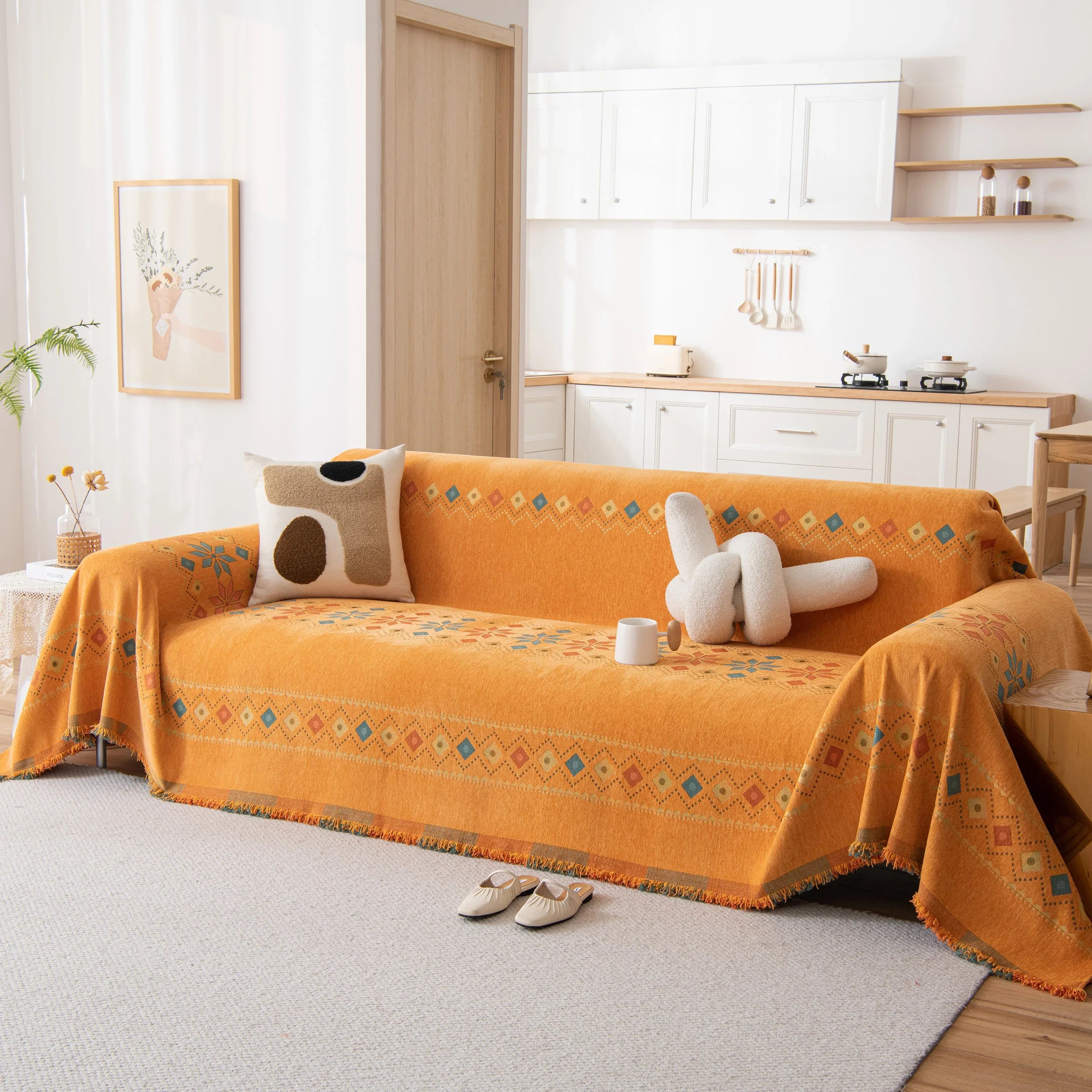 Bohemian Geometric Sofa Throw Cover, Cozy & Protective Ethnic-Inspired Couch Cover - TaroTextile