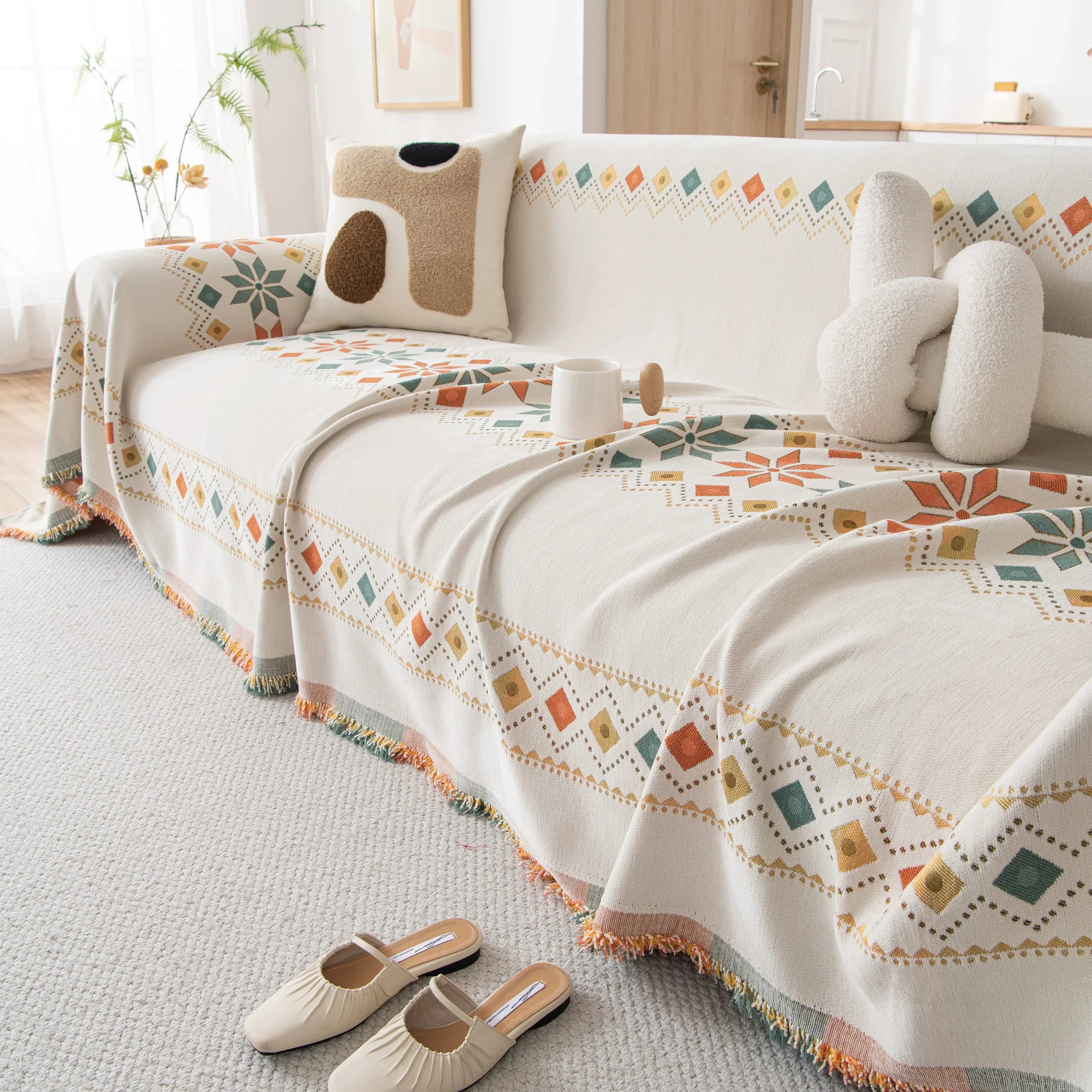 Bohemian Geometric Sofa Throw Cover, Cozy & Protective Ethnic-Inspired Couch Cover - TaroTextile