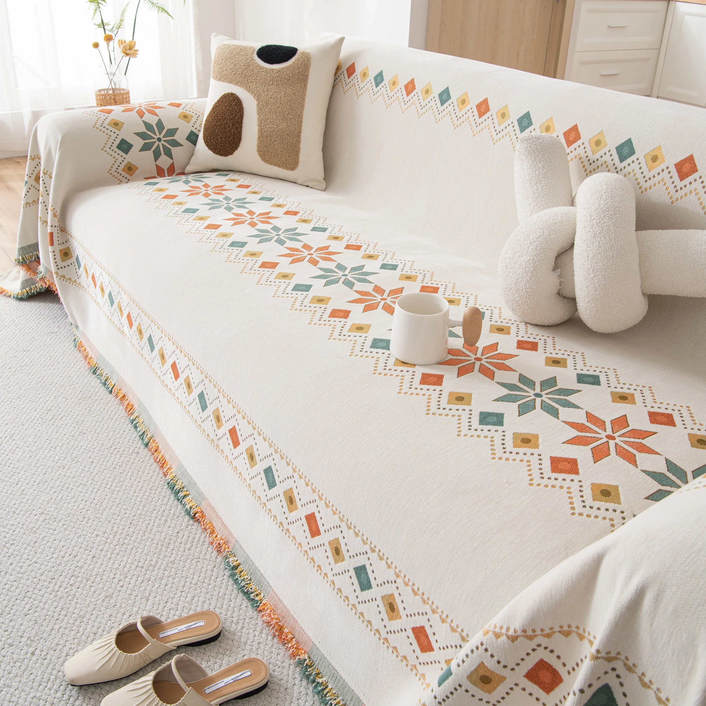 Bohemian Geometric Sofa Throw Cover, Cozy & Protective Ethnic-Inspired Couch Cover - TaroTextile