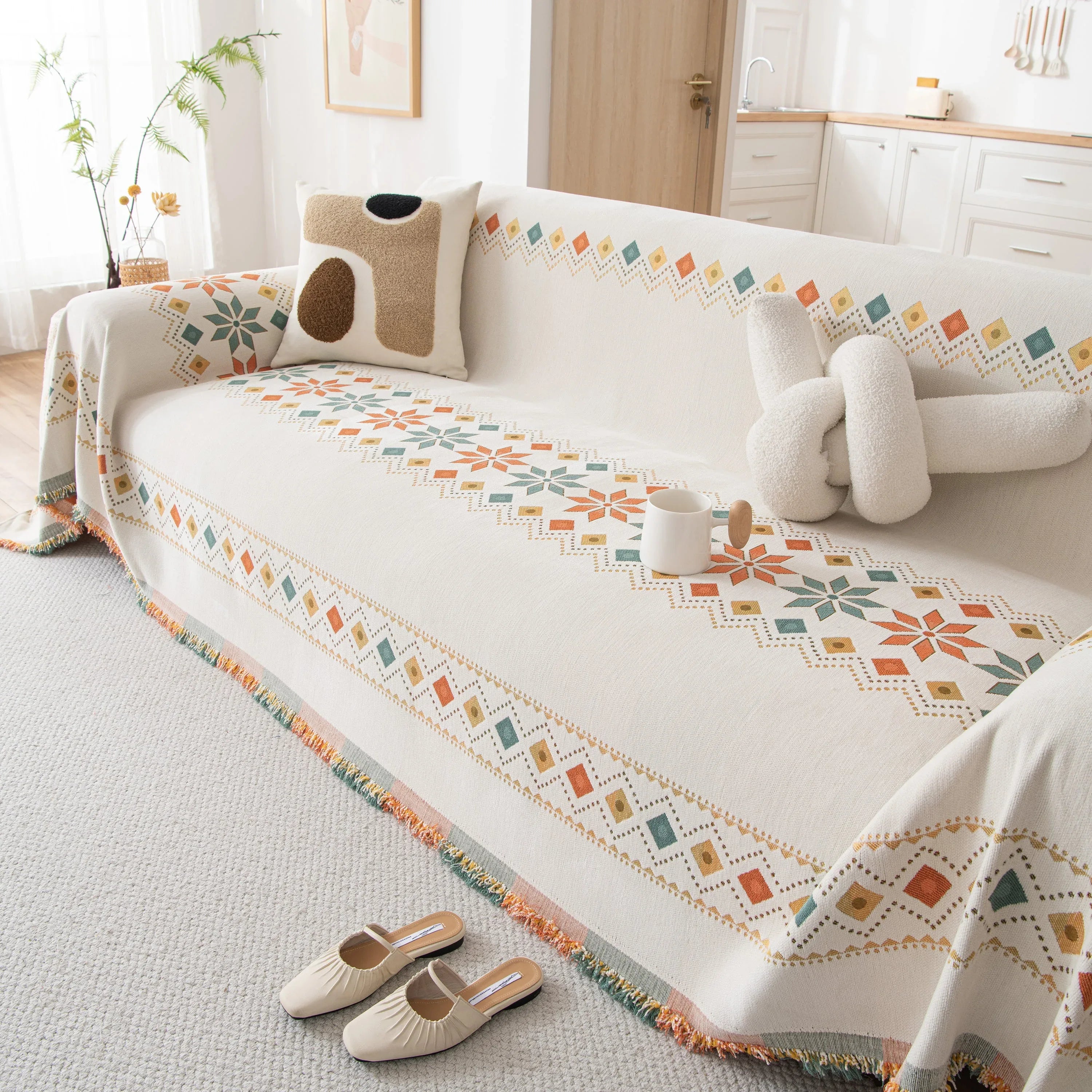 Bohemian Geometric Sofa Throw Cover, Cozy & Protective Ethnic-Inspired Couch Cover - TaroTextile