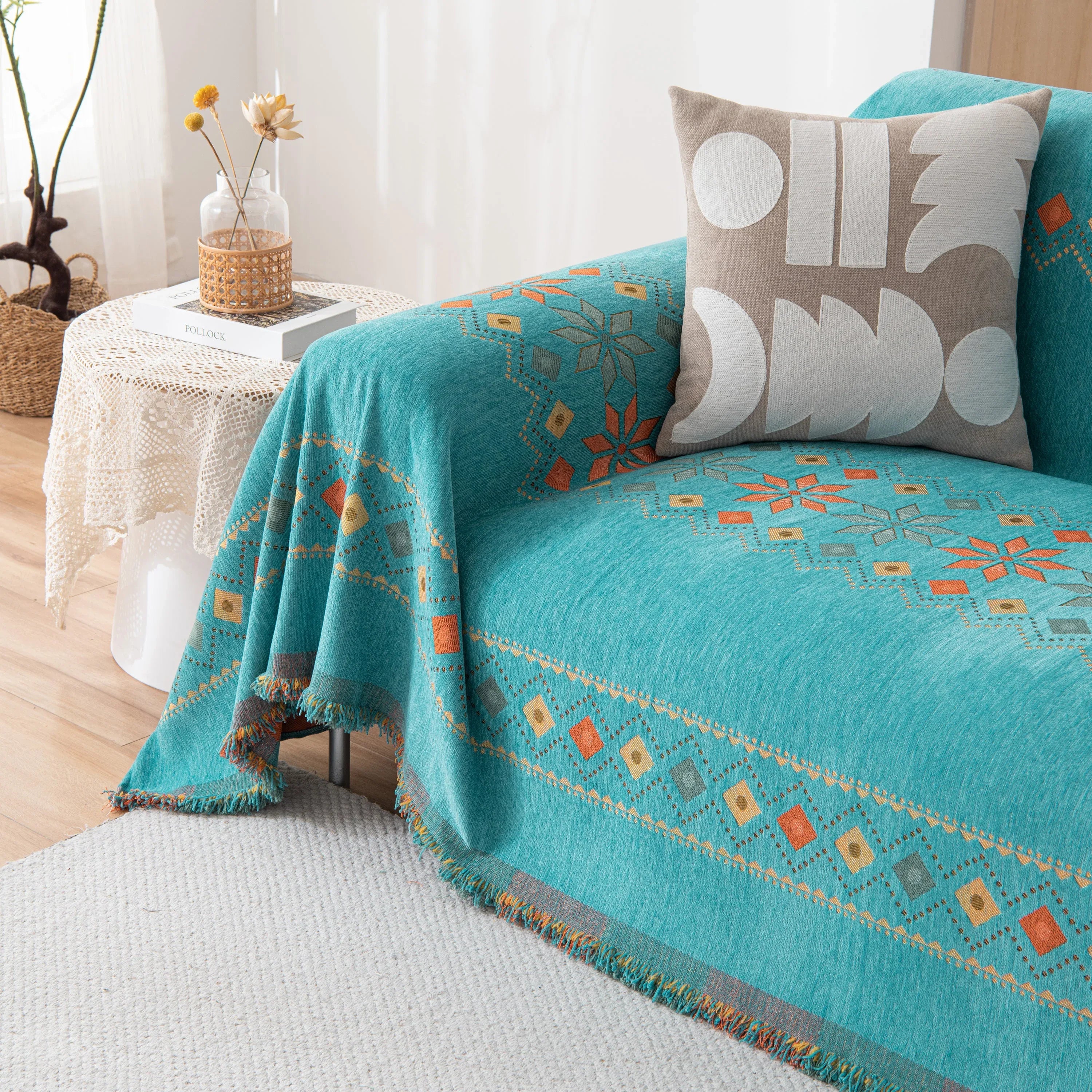 Bohemian Geometric Sofa Throw Cover, Cozy & Protective Ethnic-Inspired Couch Cover - TaroTextile