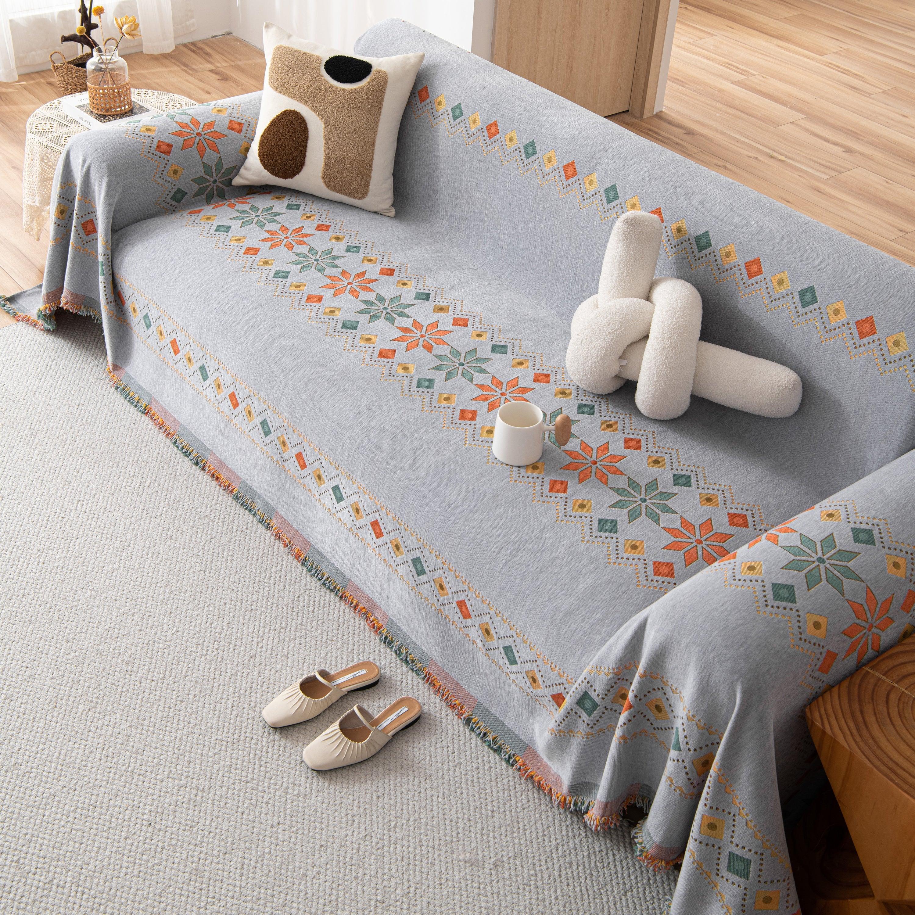 Bohemian Geometric Sofa Throw Cover, Cozy & Protective Ethnic-Inspired Couch Cover - TaroTextile