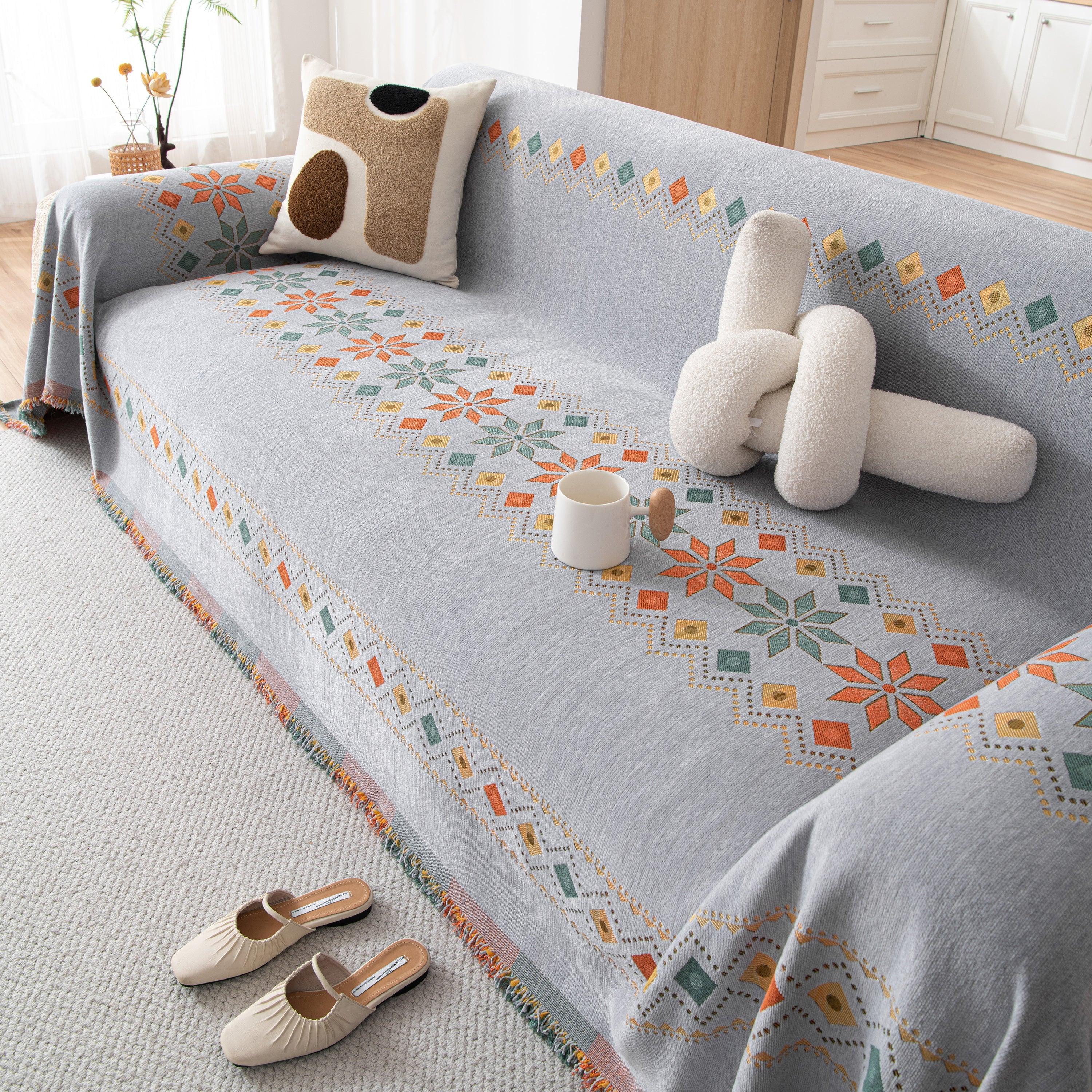 Bohemian Geometric Sofa Throw Cover, Cozy & Protective Ethnic-Inspired Couch Cover - TaroTextile