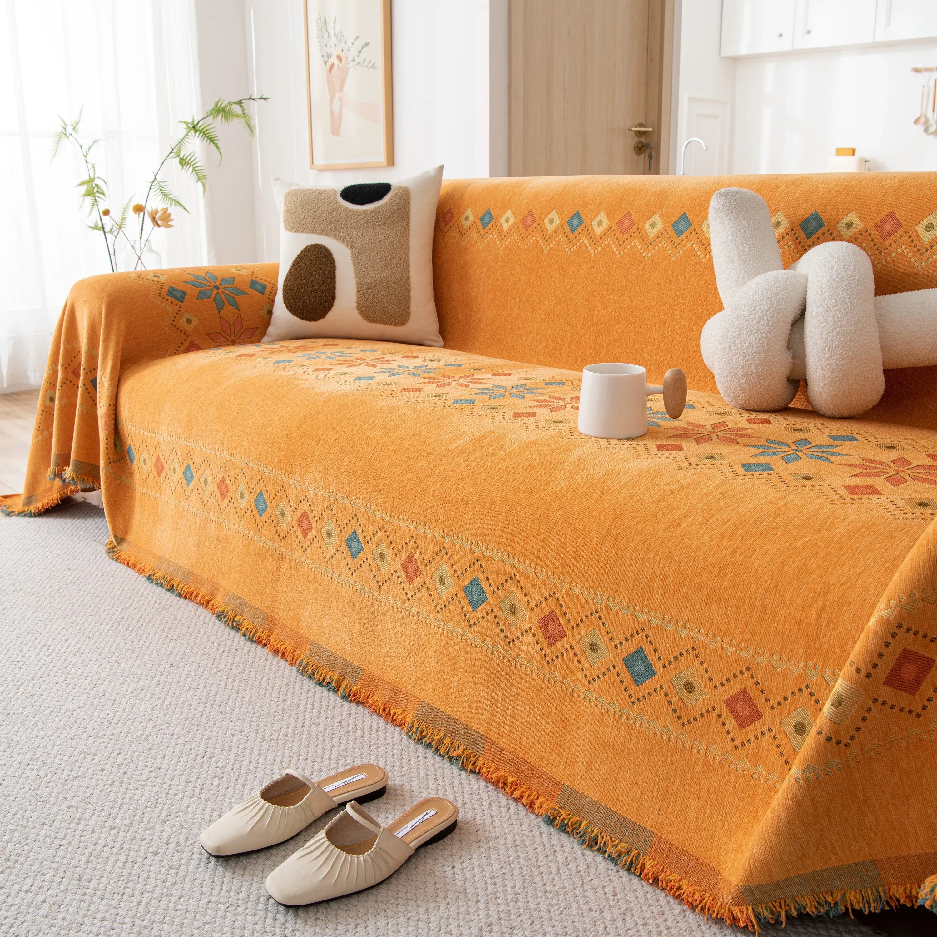 Bohemian Geometric Sofa Throw Cover, Cozy & Protective Ethnic-Inspired Couch Cover - TaroTextile