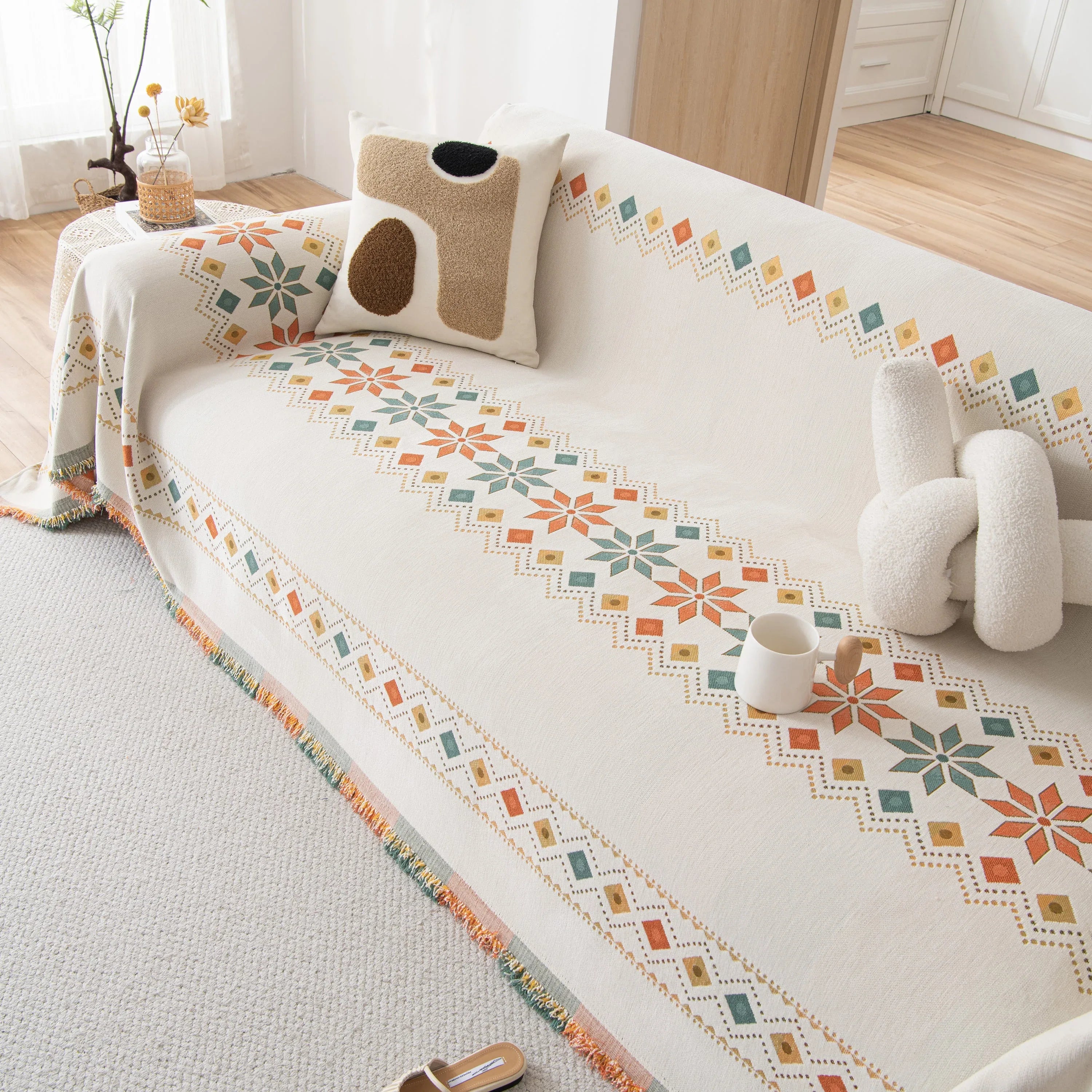Bohemian Geometric Sofa Throw Cover, Cozy & Protective Ethnic-Inspired Couch Cover - TaroTextile
