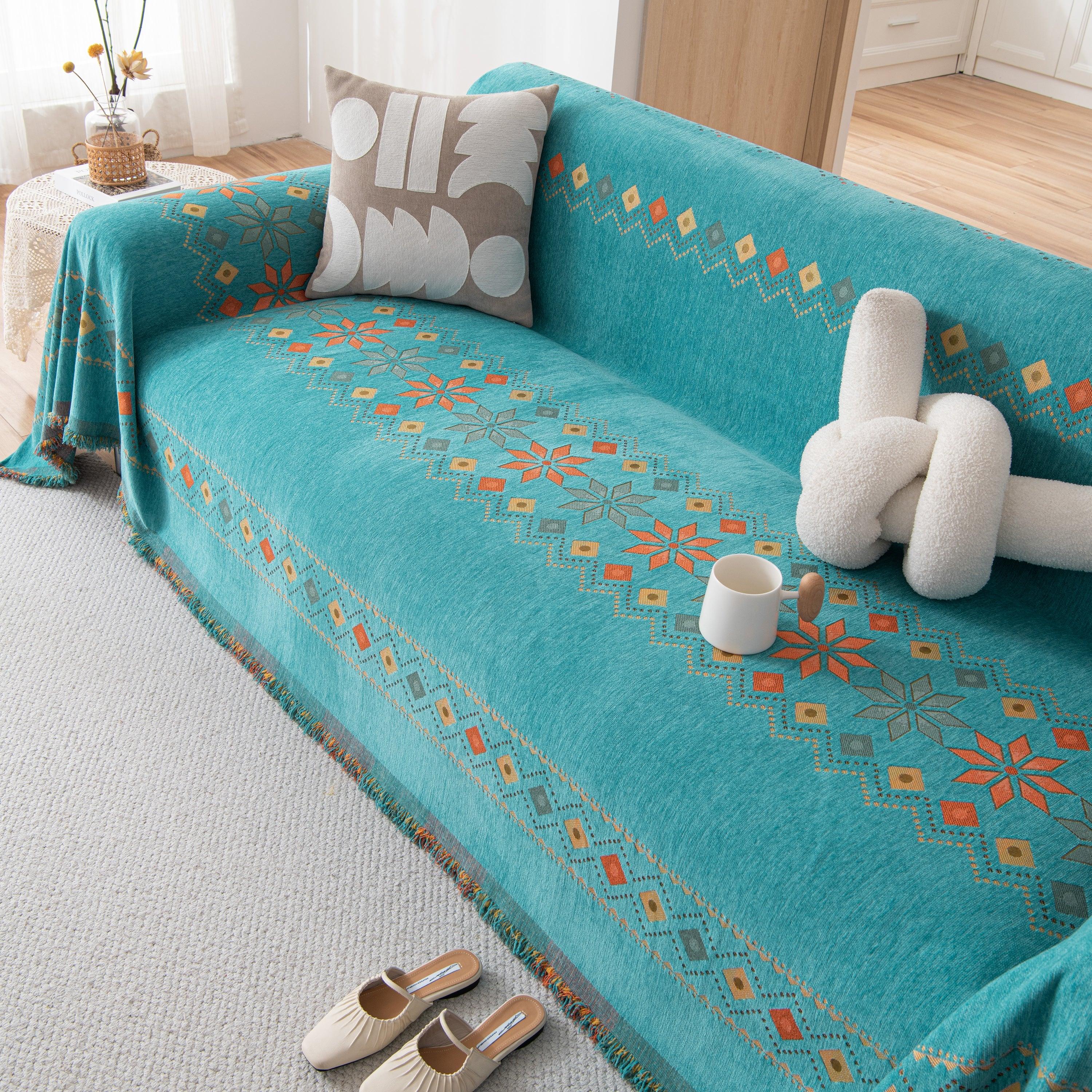 Bohemian Geometric Sofa Throw Cover, Cozy & Protective Ethnic-Inspired Couch Cover - TaroTextile