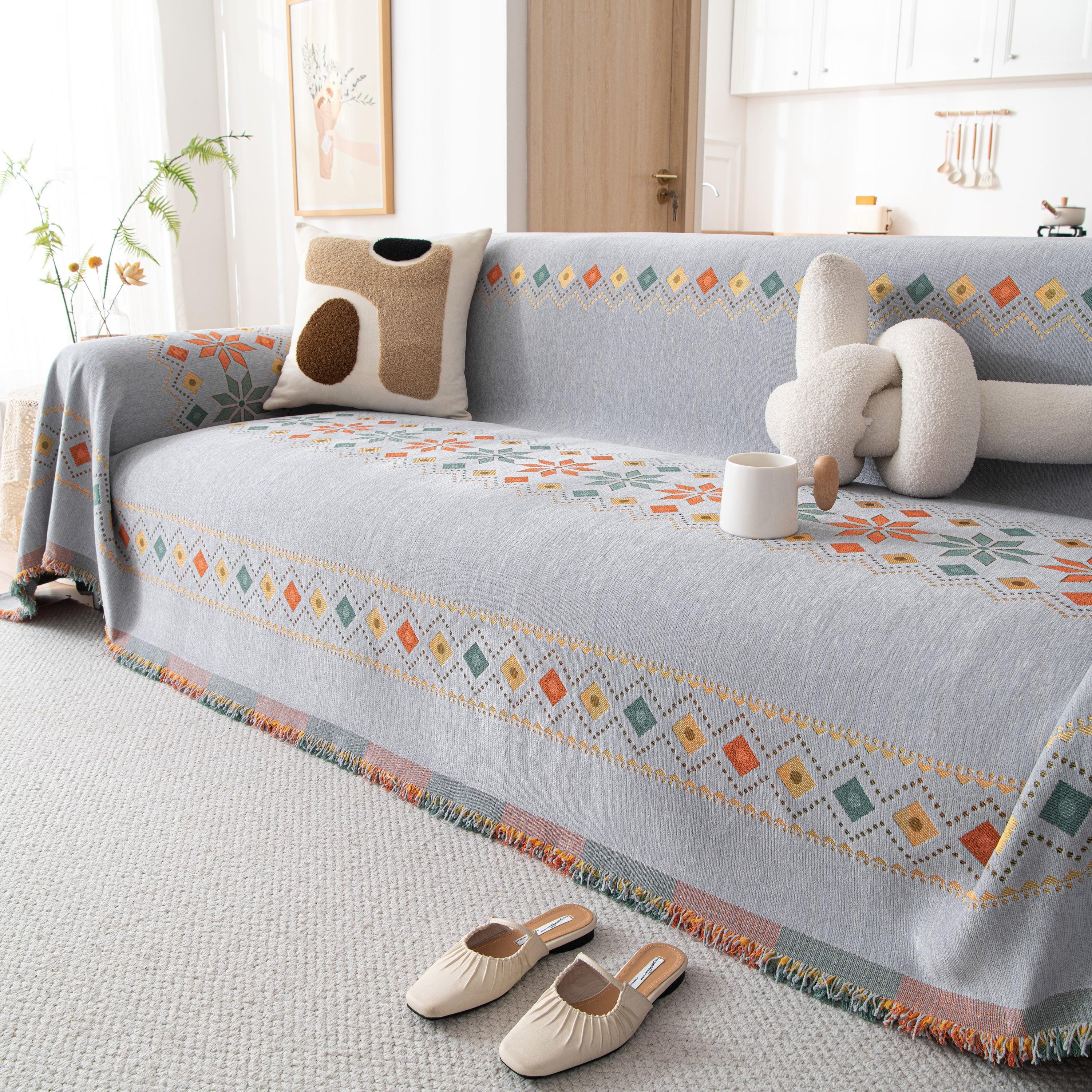 Bohemian Geometric Sofa Throw Cover, Cozy & Protective Ethnic-Inspired Couch Cover - TaroTextile
