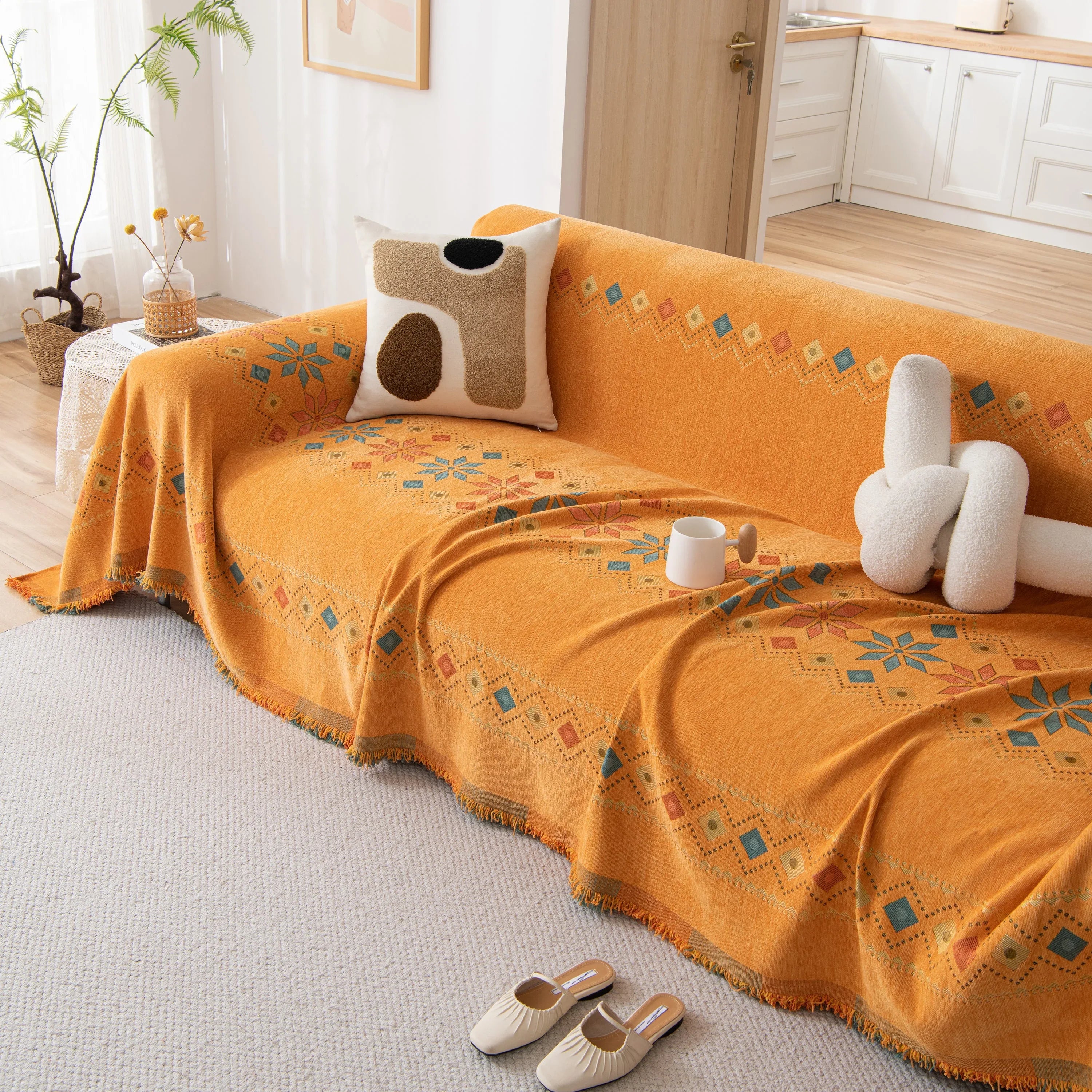 Bohemian Geometric Sofa Throw Cover, Cozy & Protective Ethnic-Inspired Couch Cover - TaroTextile