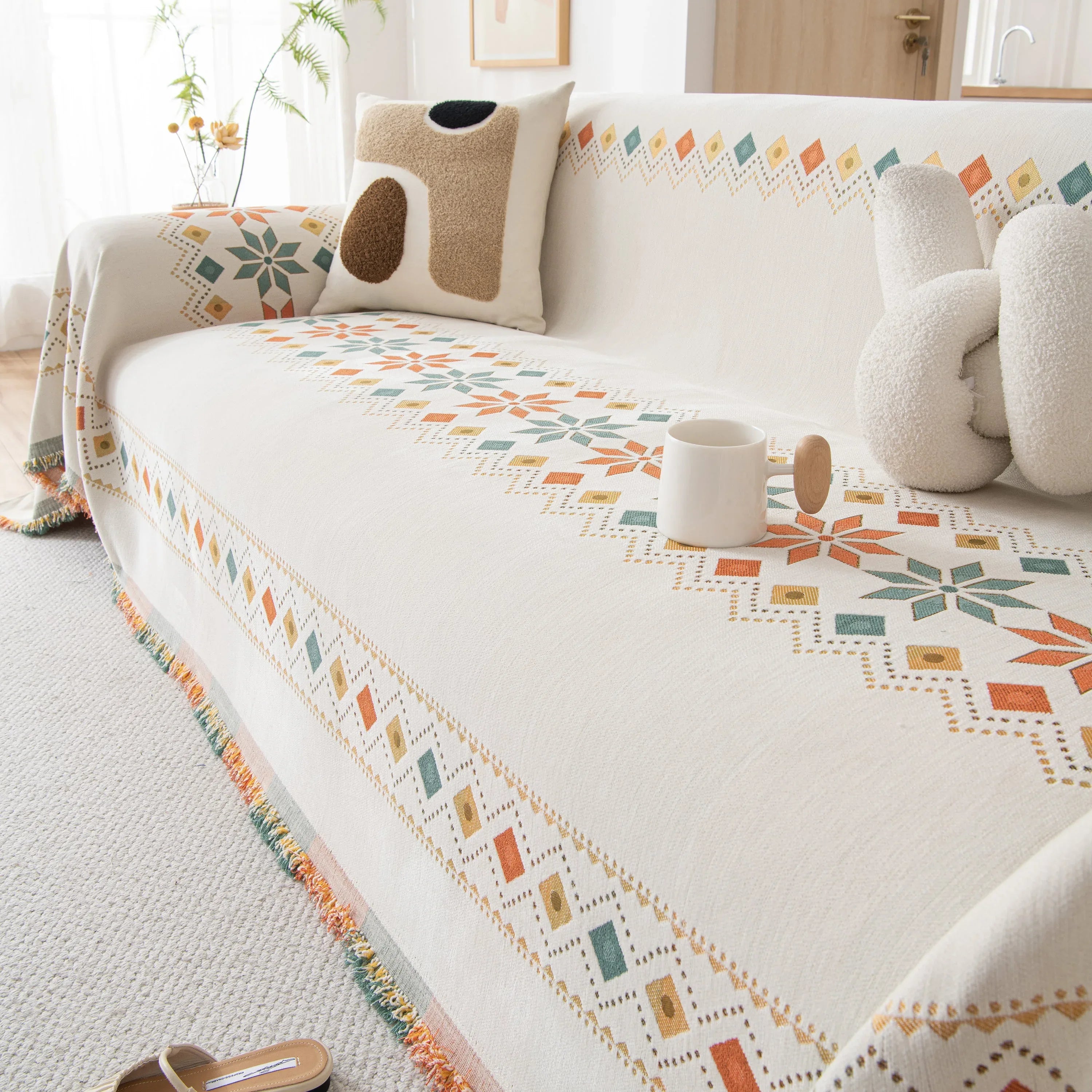 Bohemian Geometric Sofa Throw Cover, Cozy & Protective Ethnic-Inspired Couch Cover - TaroTextile