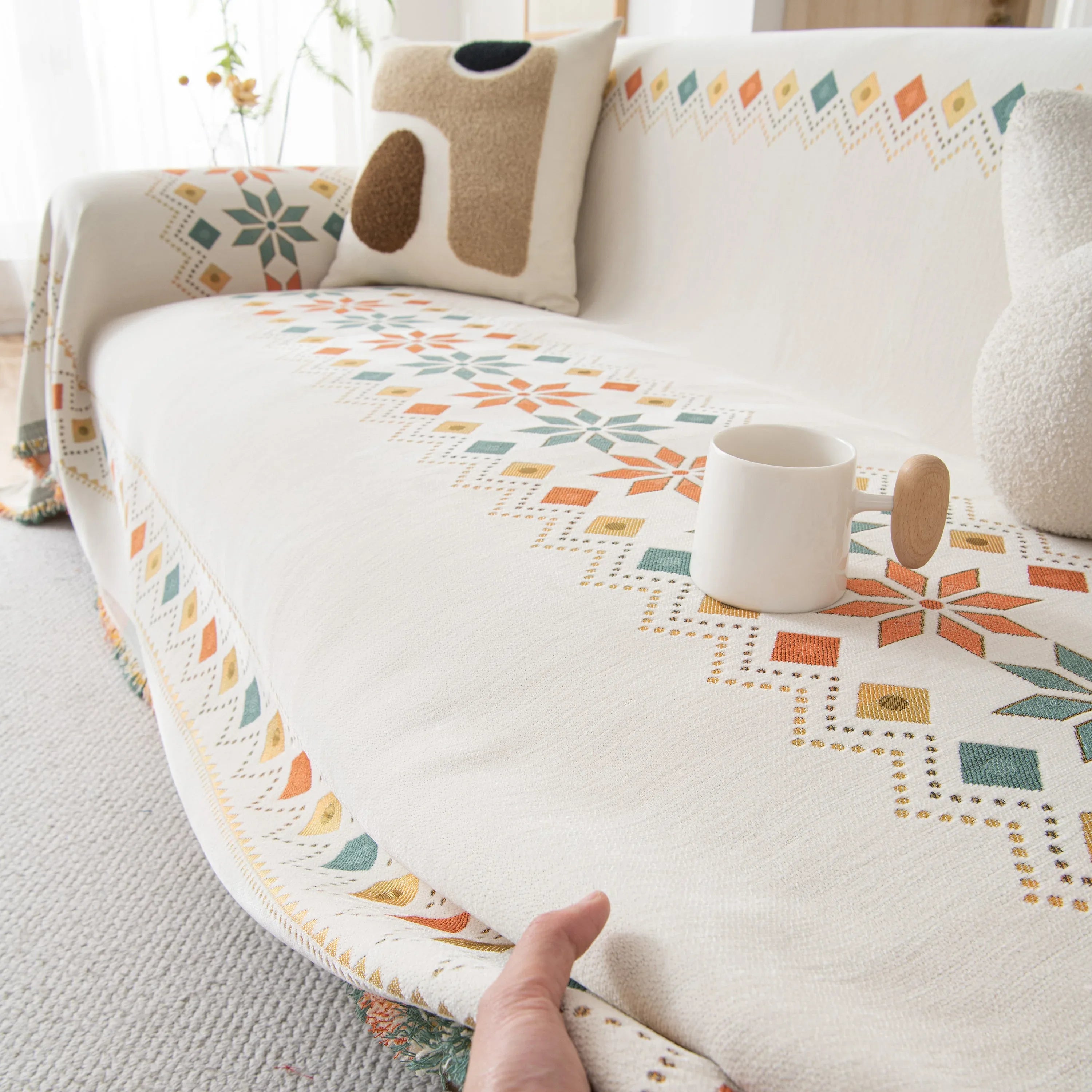 Bohemian Geometric Sofa Throw Cover, Cozy & Protective Ethnic-Inspired Couch Cover - TaroTextile