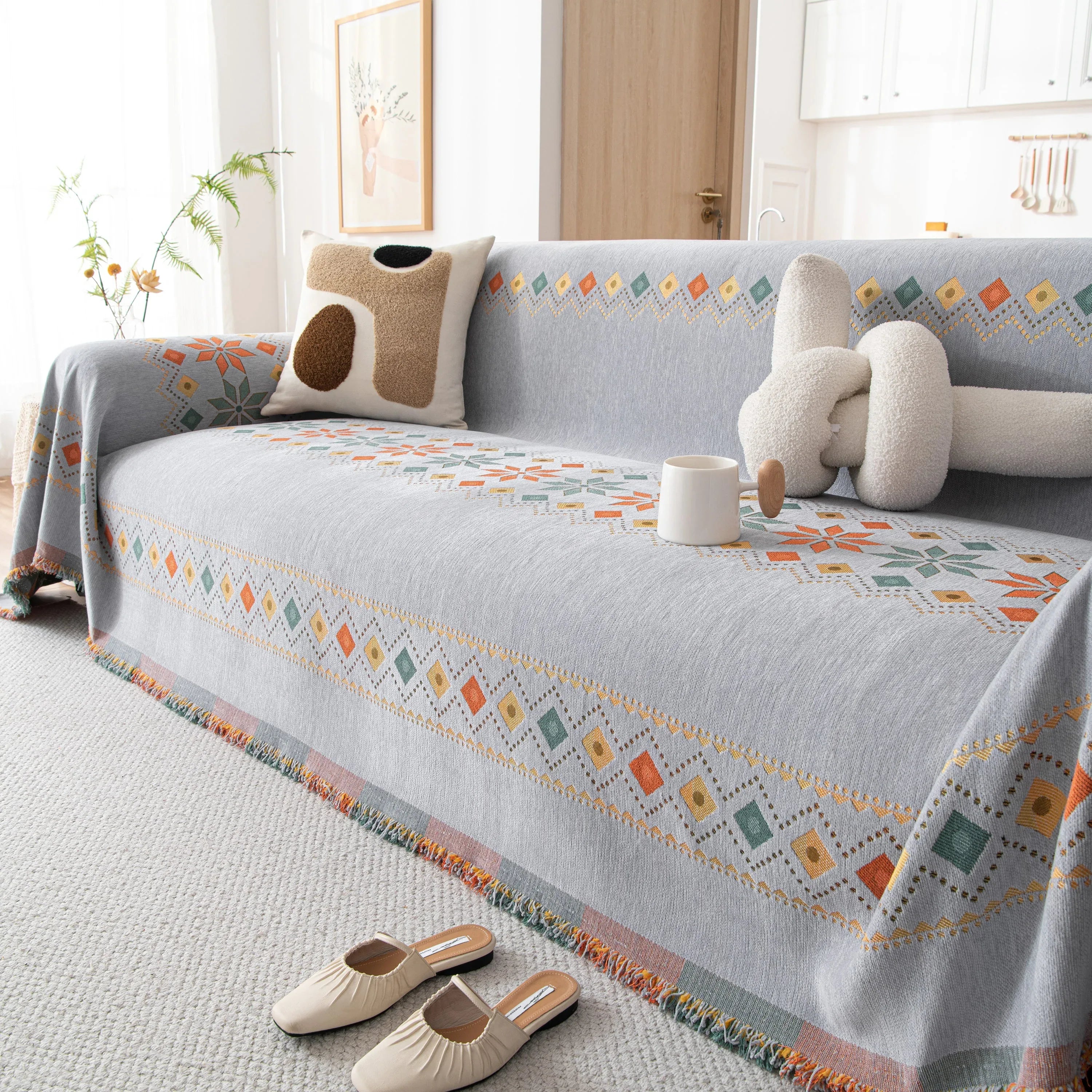 Bohemian Geometric Sofa Throw Cover, Cozy & Protective Ethnic-Inspired Couch Cover - TaroTextile