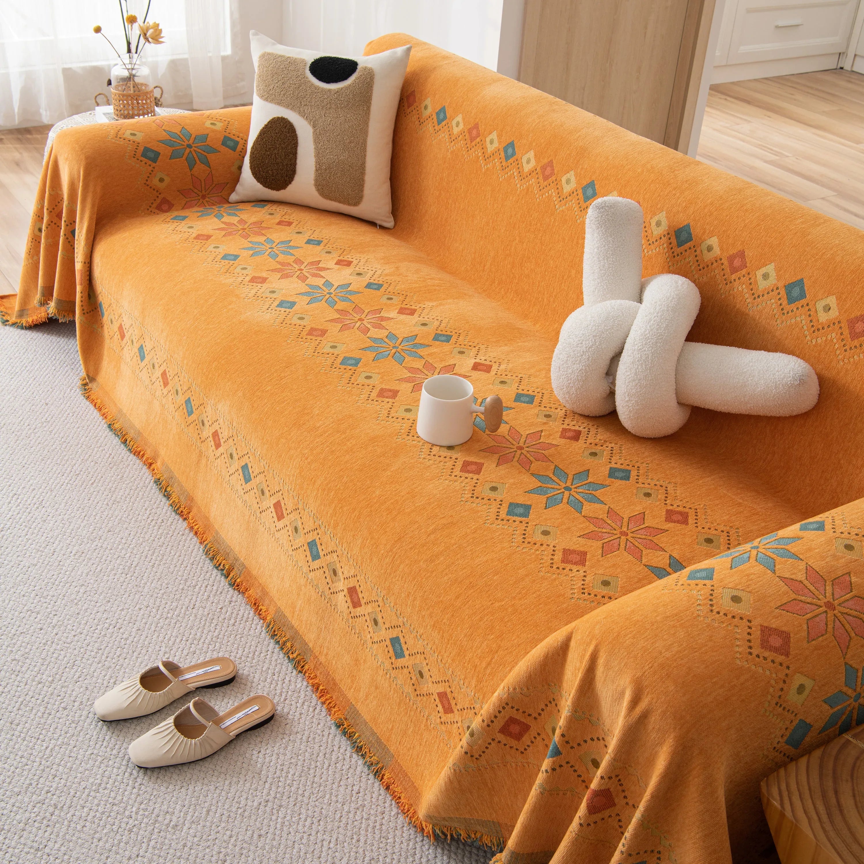 Bohemian Geometric Sofa Throw Cover, Cozy & Protective Ethnic-Inspired Couch Cover - TaroTextile