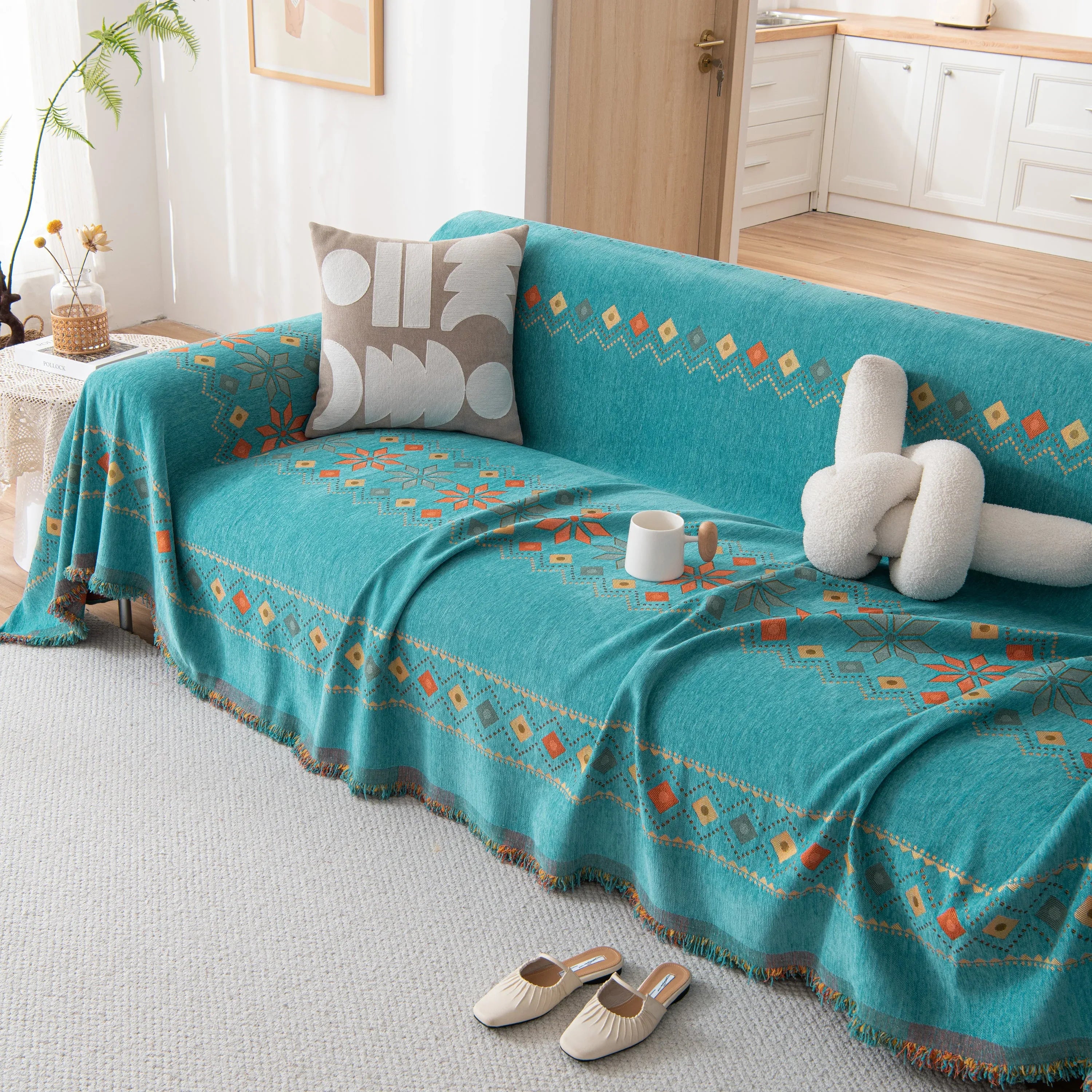 Bohemian Geometric Sofa Throw Cover, Cozy & Protective Ethnic-Inspired Couch Cover - TaroTextile