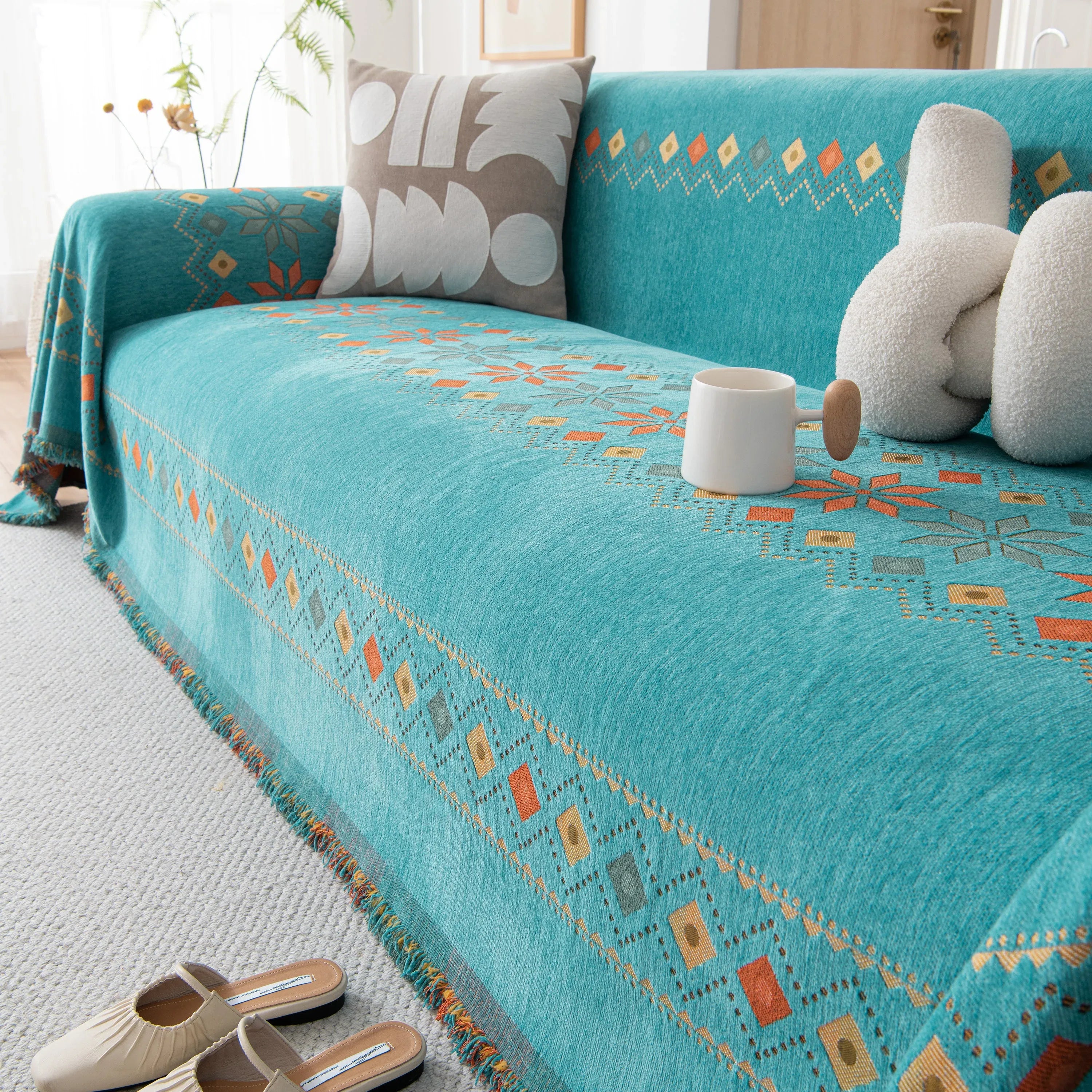 Bohemian Geometric Sofa Throw Cover, Cozy & Protective Ethnic-Inspired Couch Cover - TaroTextile