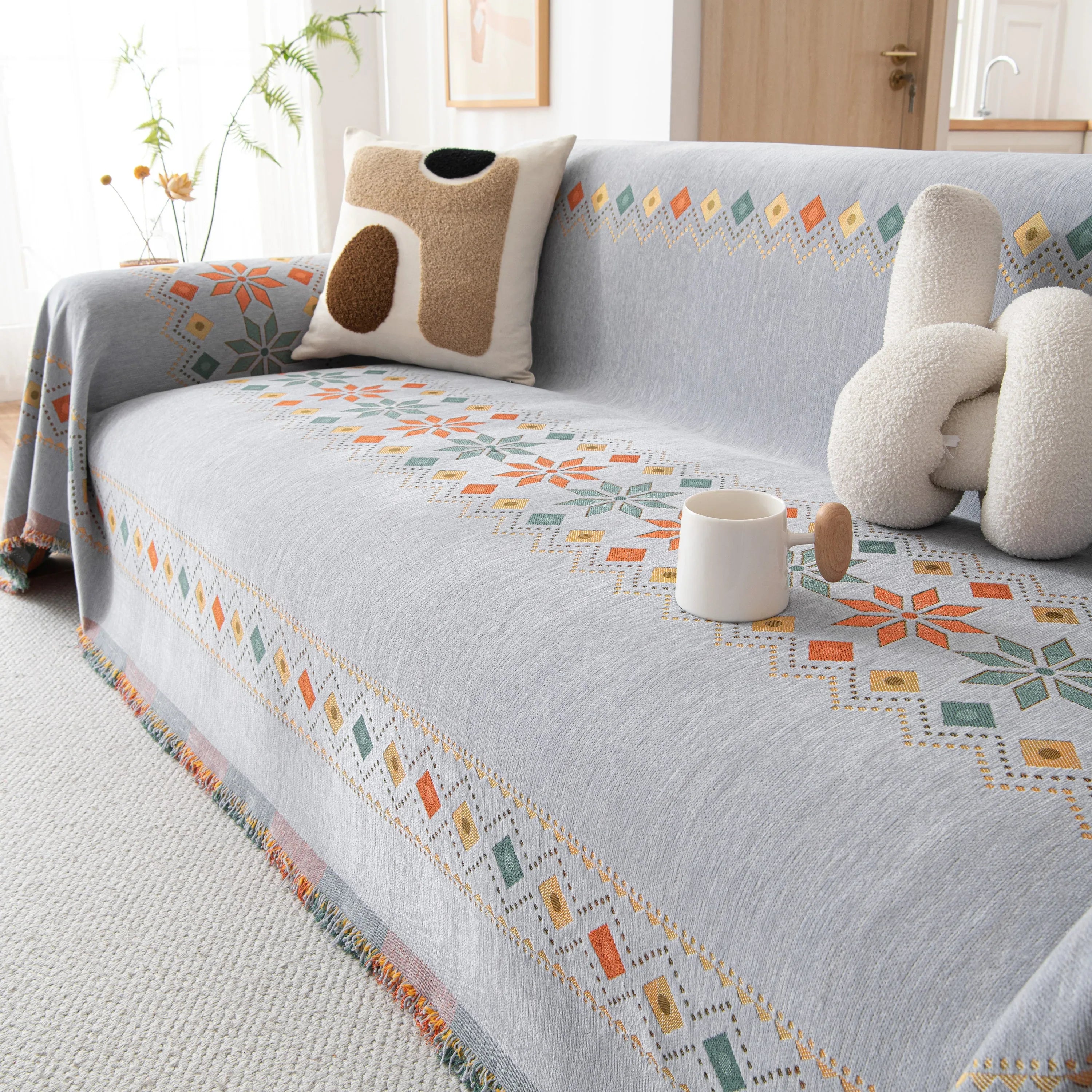 Bohemian Geometric Sofa Throw Cover, Cozy & Protective Ethnic-Inspired Couch Cover - TaroTextile