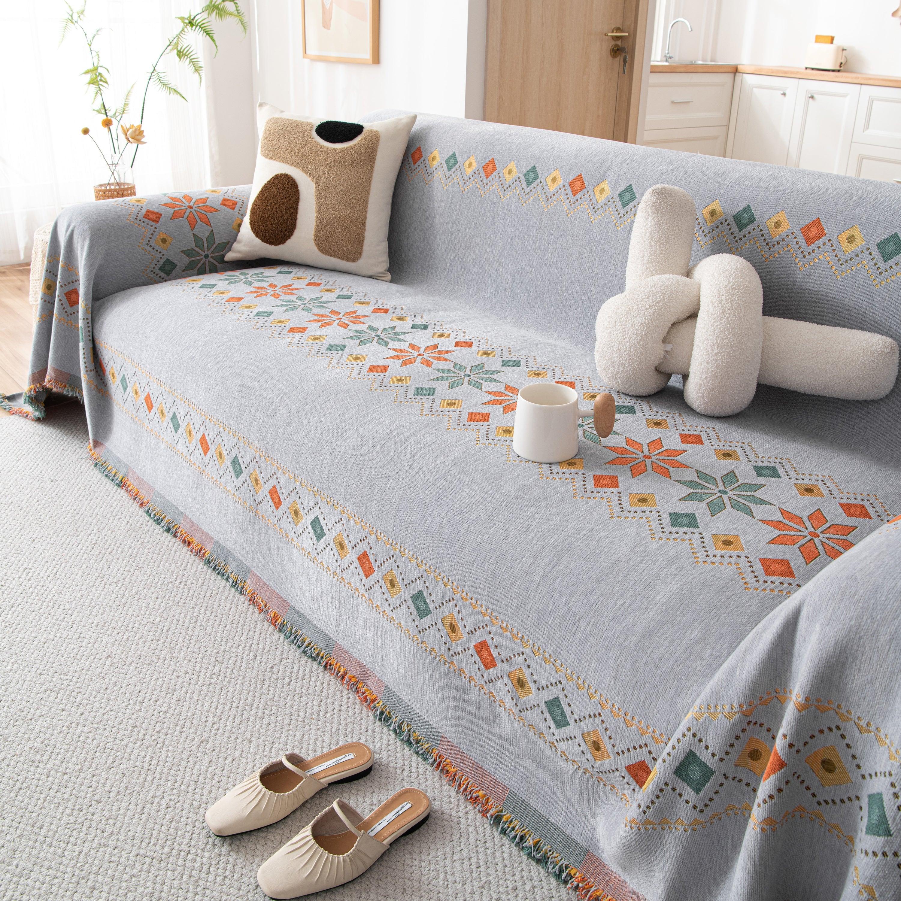 Bohemian Geometric Sofa Throw Cover, Cozy & Protective Ethnic-Inspired Couch Cover - TaroTextile