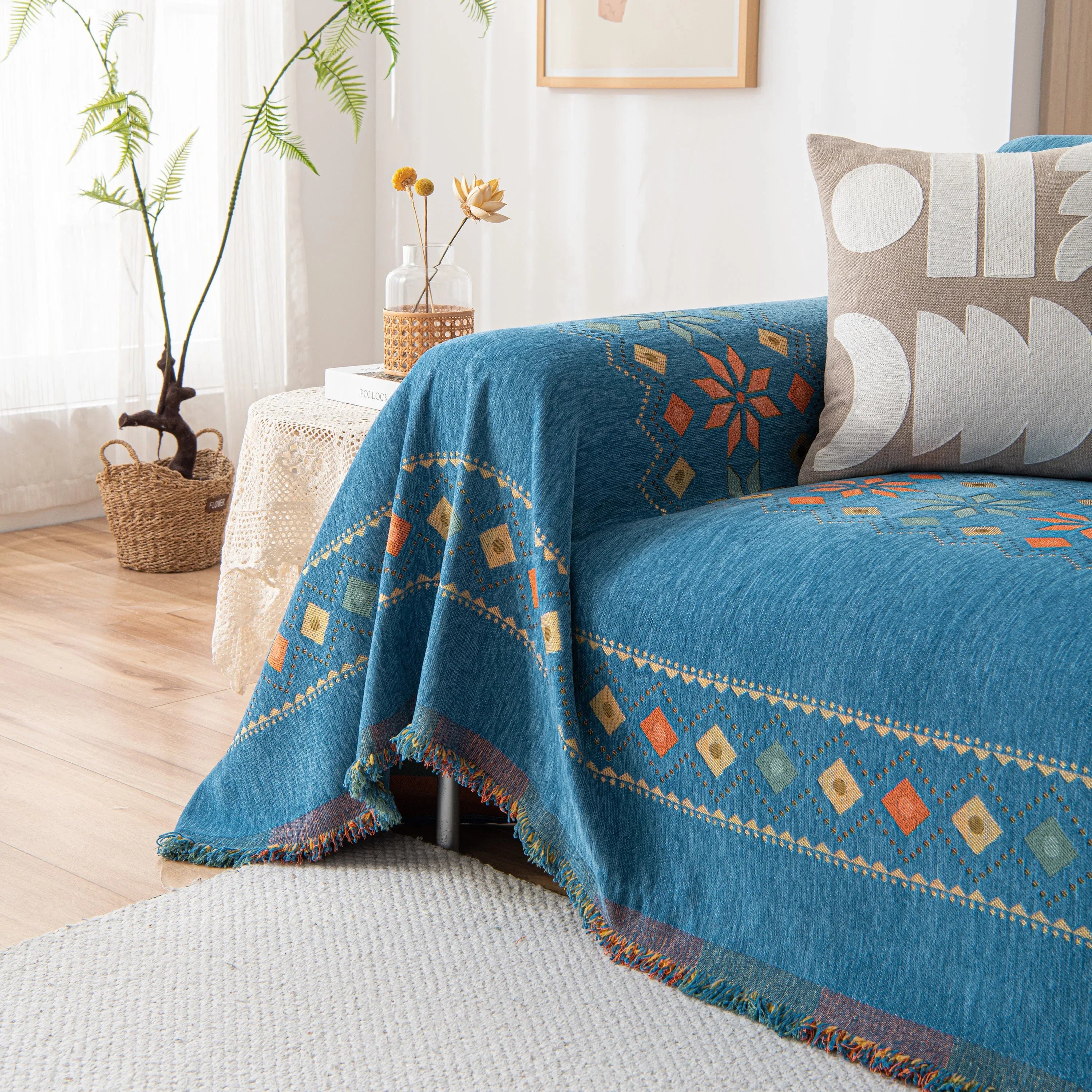 Bohemian Geometric Sofa Throw Cover, Cozy & Protective Ethnic-Inspired Couch Cover - TaroTextile