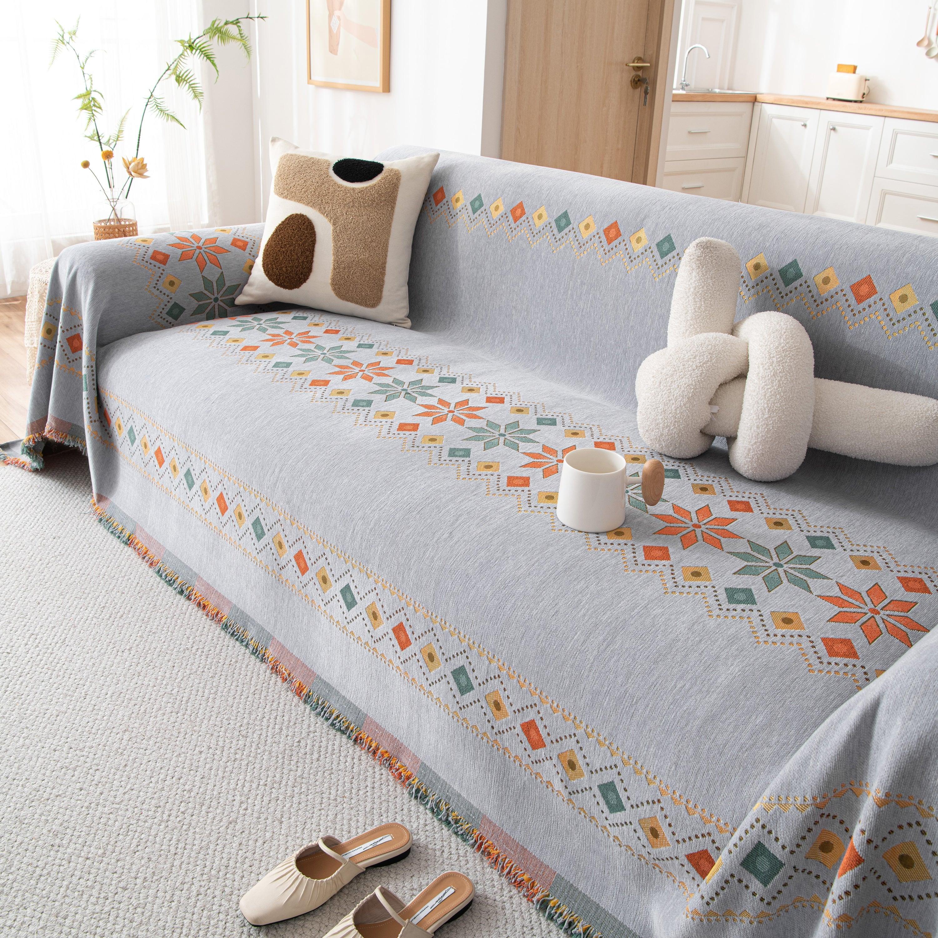 Bohemian Geometric Sofa Throw Cover, Cozy & Protective Ethnic-Inspired Couch Cover - TaroTextile