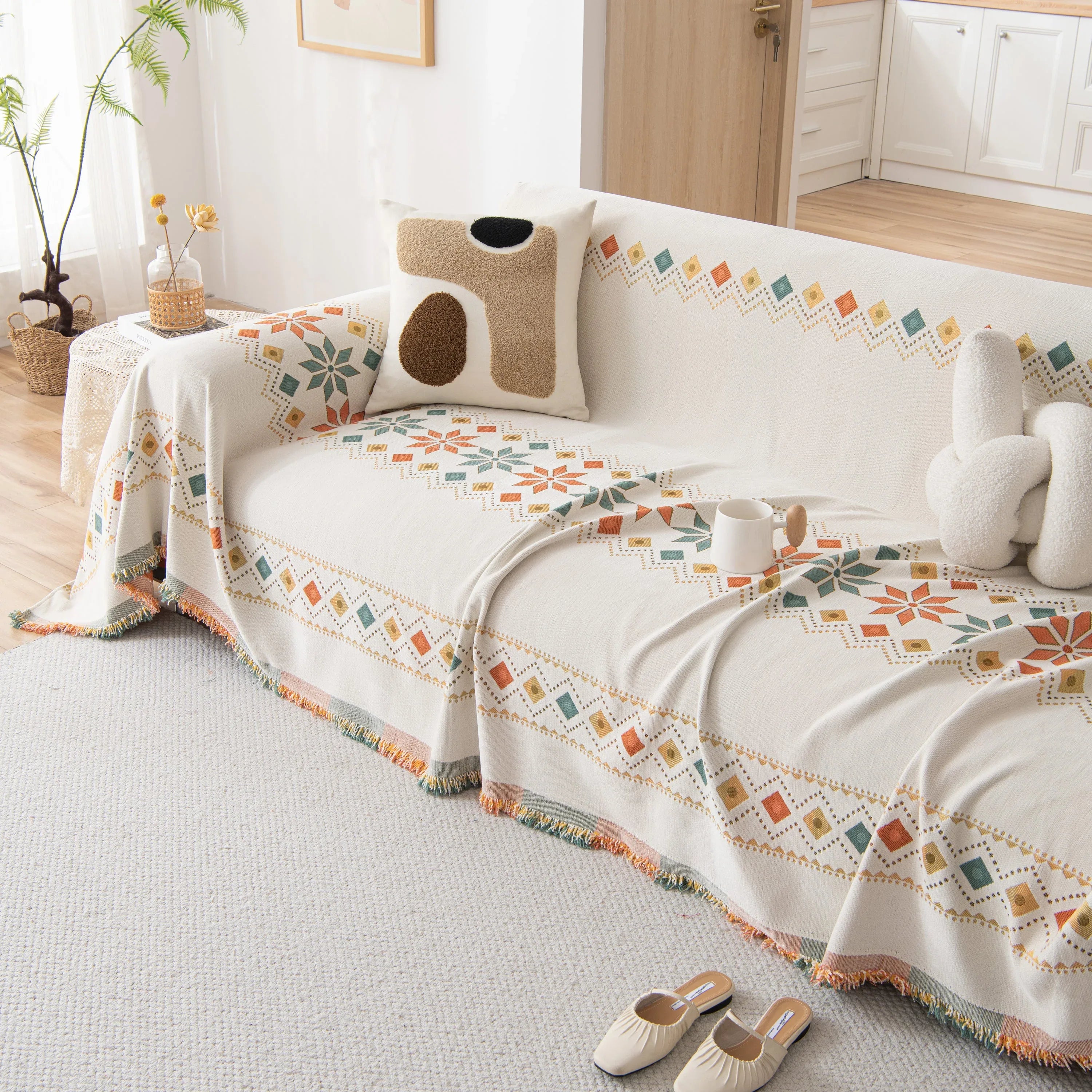 Bohemian Geometric Sofa Throw Cover, Cozy & Protective Ethnic-Inspired Couch Cover - TaroTextile