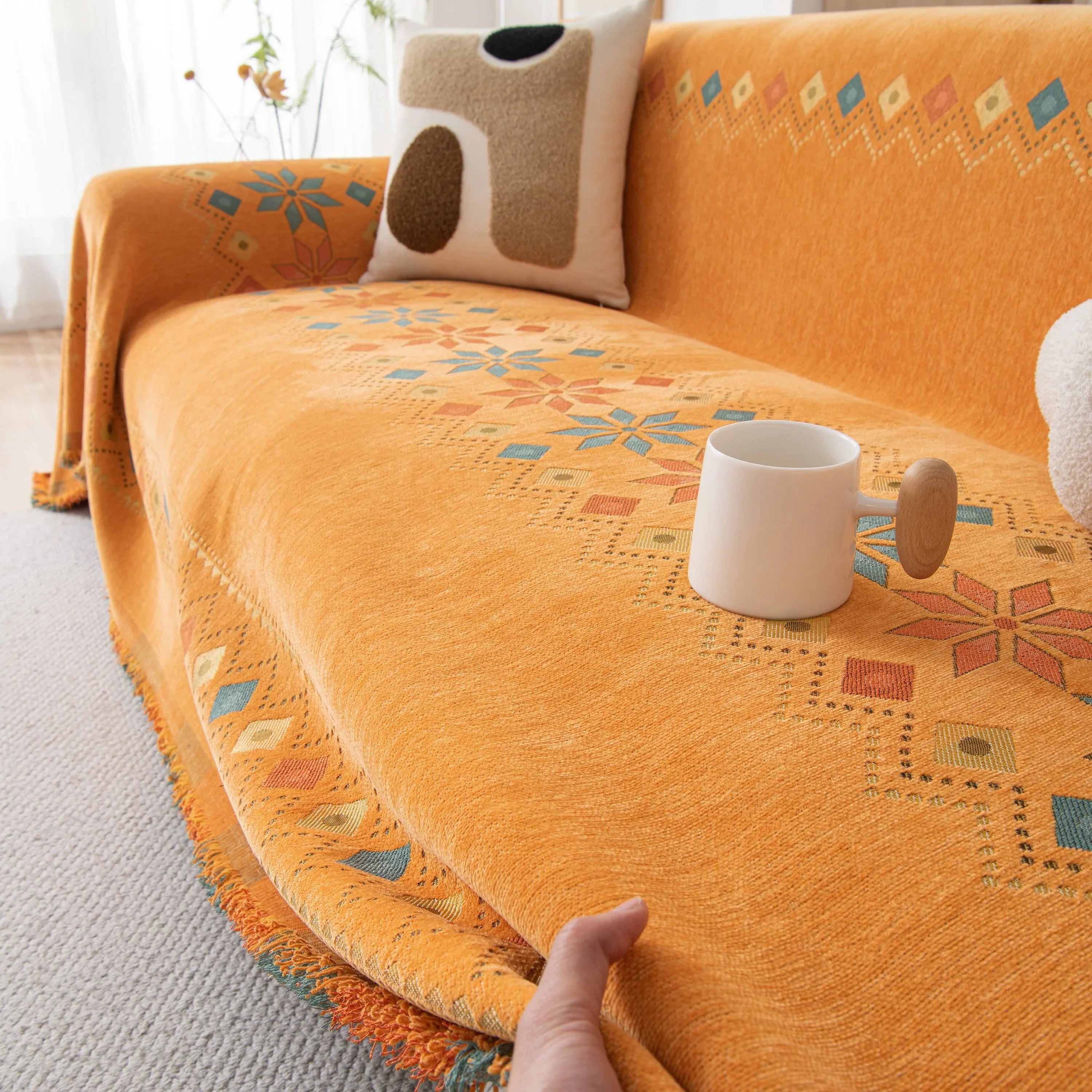 Bohemian Geometric Sofa Throw Cover, Cozy & Protective Ethnic-Inspired Couch Cover - TaroTextile