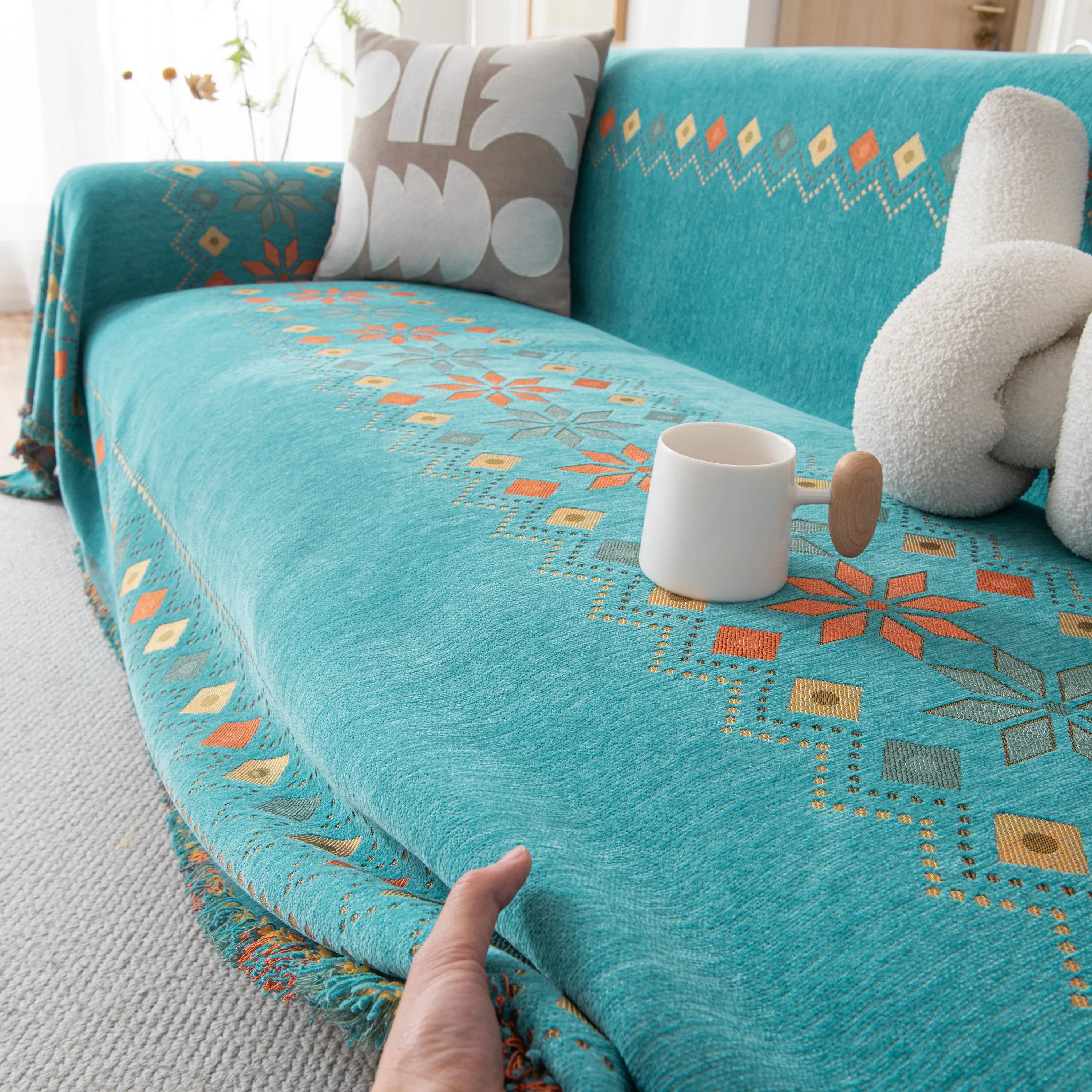 Bohemian Geometric Sofa Throw Cover, Cozy & Protective Ethnic-Inspired Couch Cover - TaroTextile