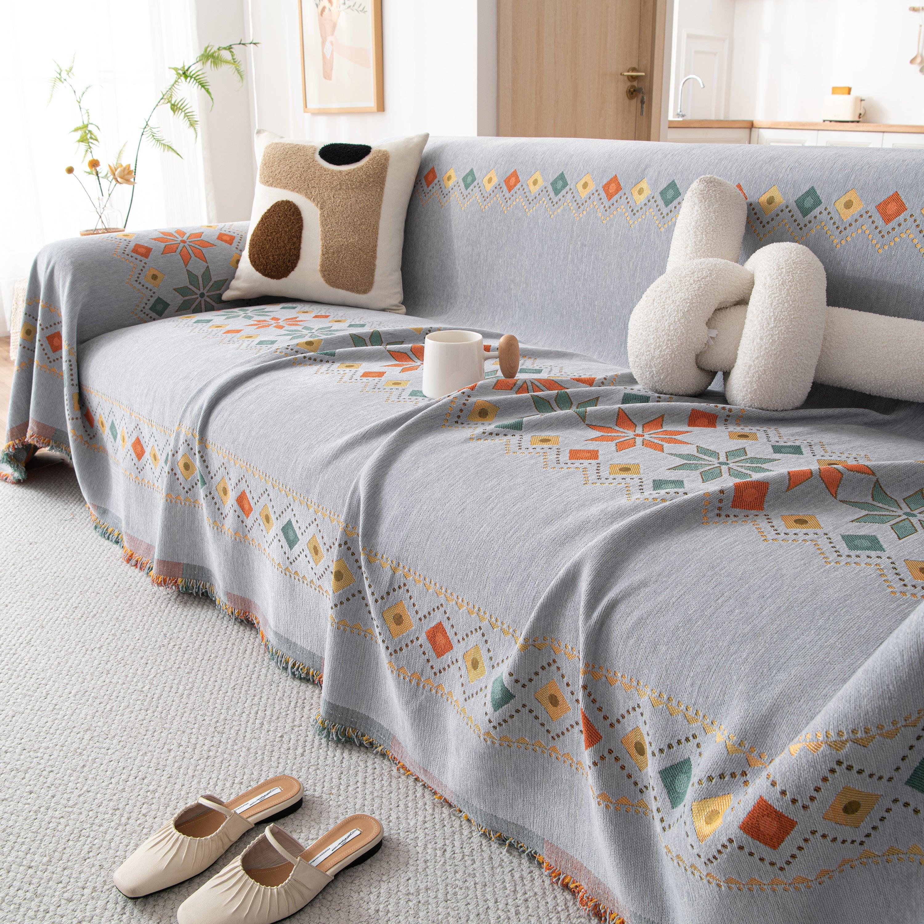 Bohemian Geometric Sofa Throw Cover, Cozy & Protective Ethnic-Inspired Couch Cover - TaroTextile